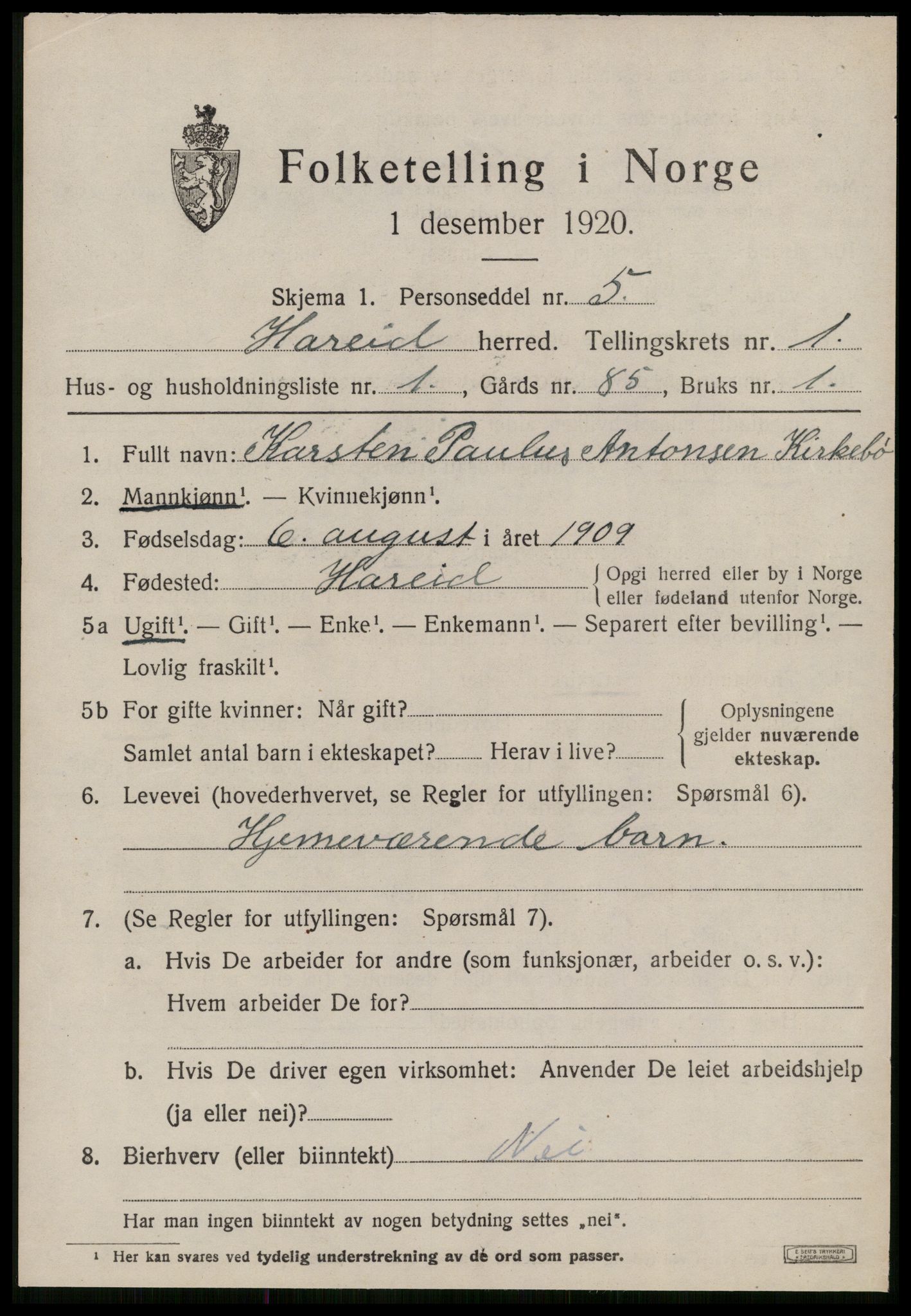 SAT, 1920 census for Hareid, 1920, p. 743