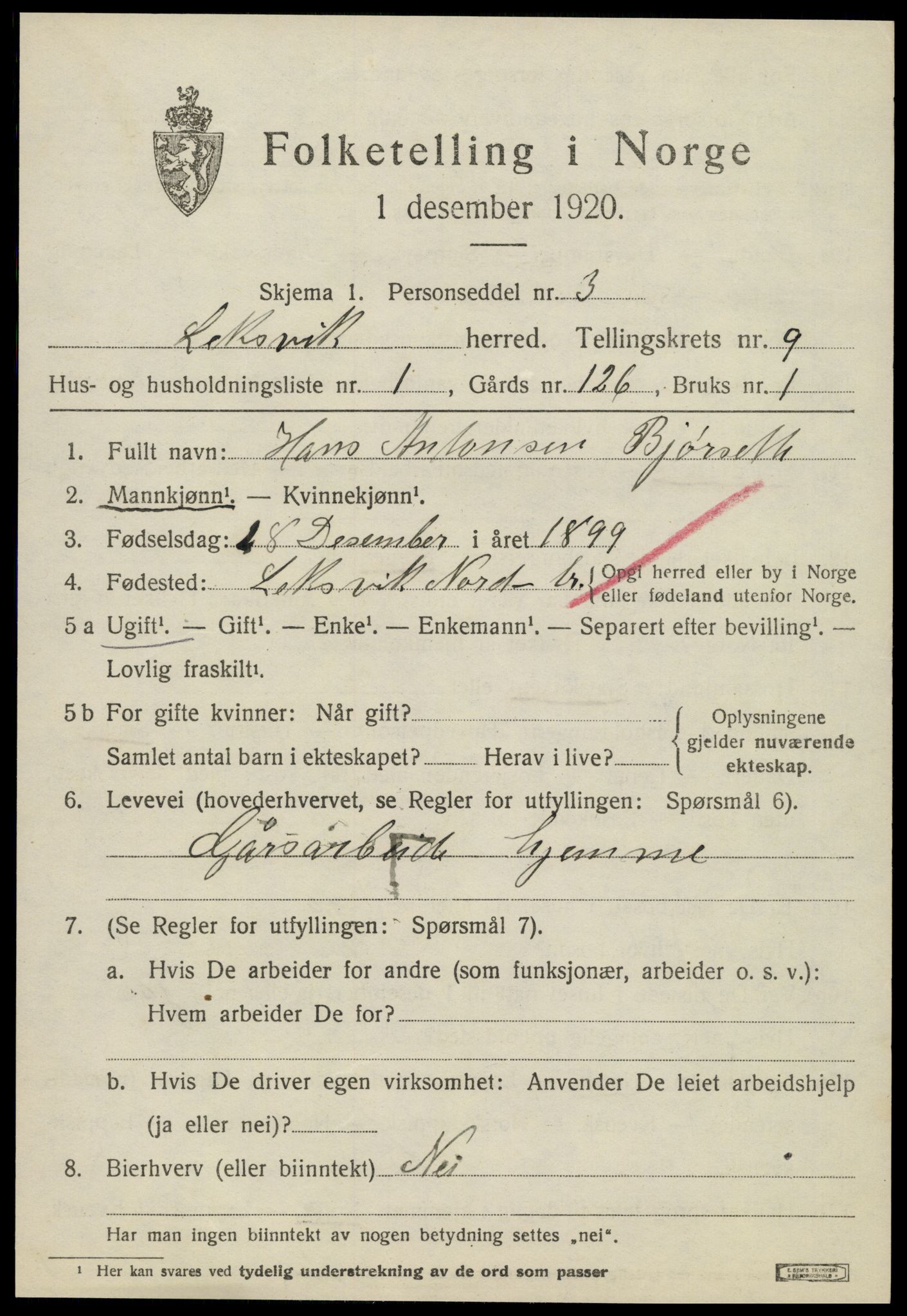 SAT, 1920 census for Leksvik, 1920, p. 6872