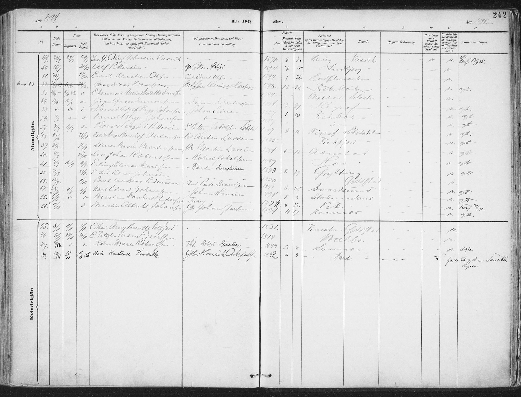 Ministerialprotokoller, klokkerbøker og fødselsregistre - Nordland, AV/SAT-A-1459/888/L1246: Parish register (official) no. 888A12, 1891-1903, p. 242