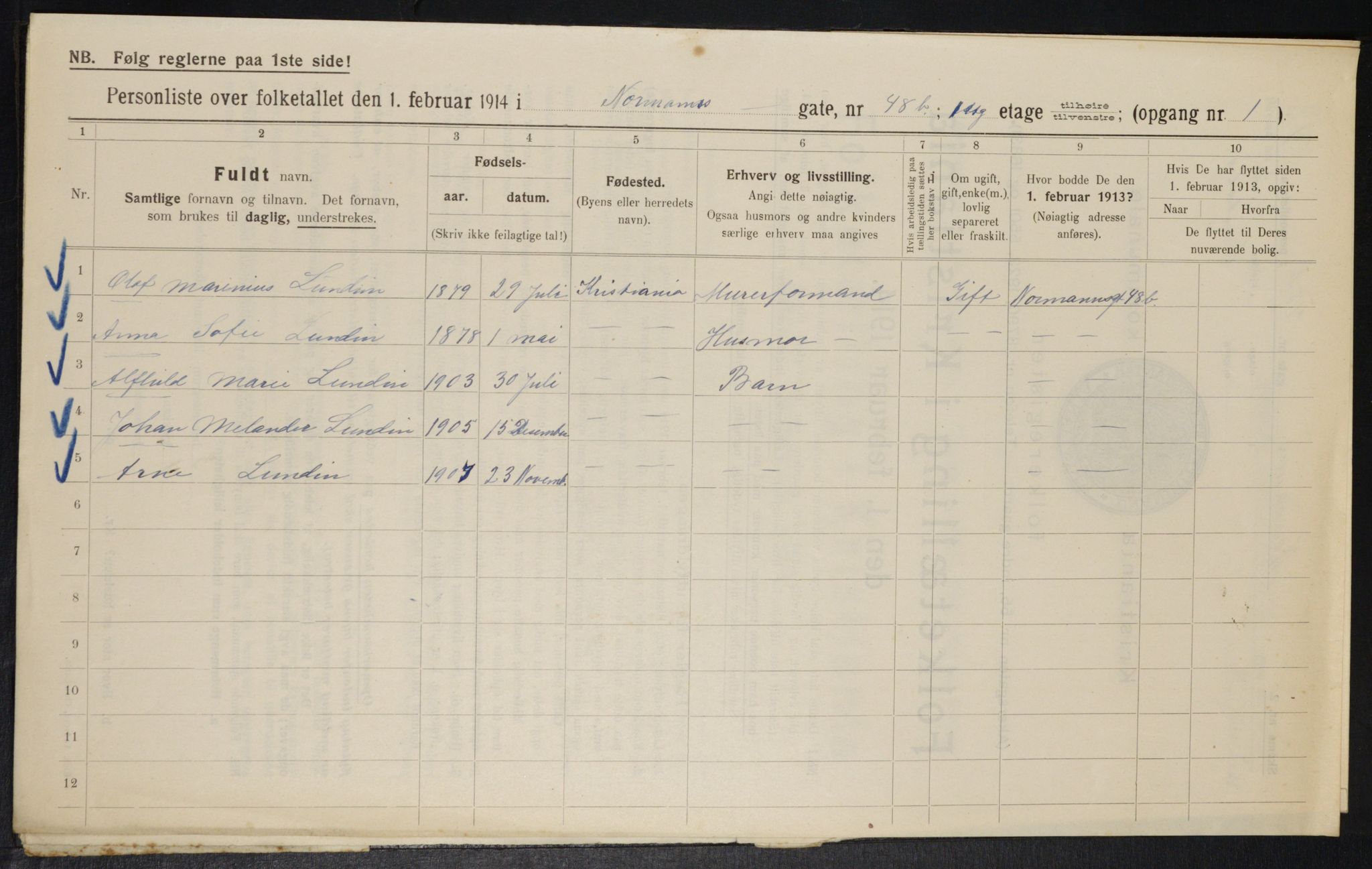 OBA, Municipal Census 1914 for Kristiania, 1914, p. 73914