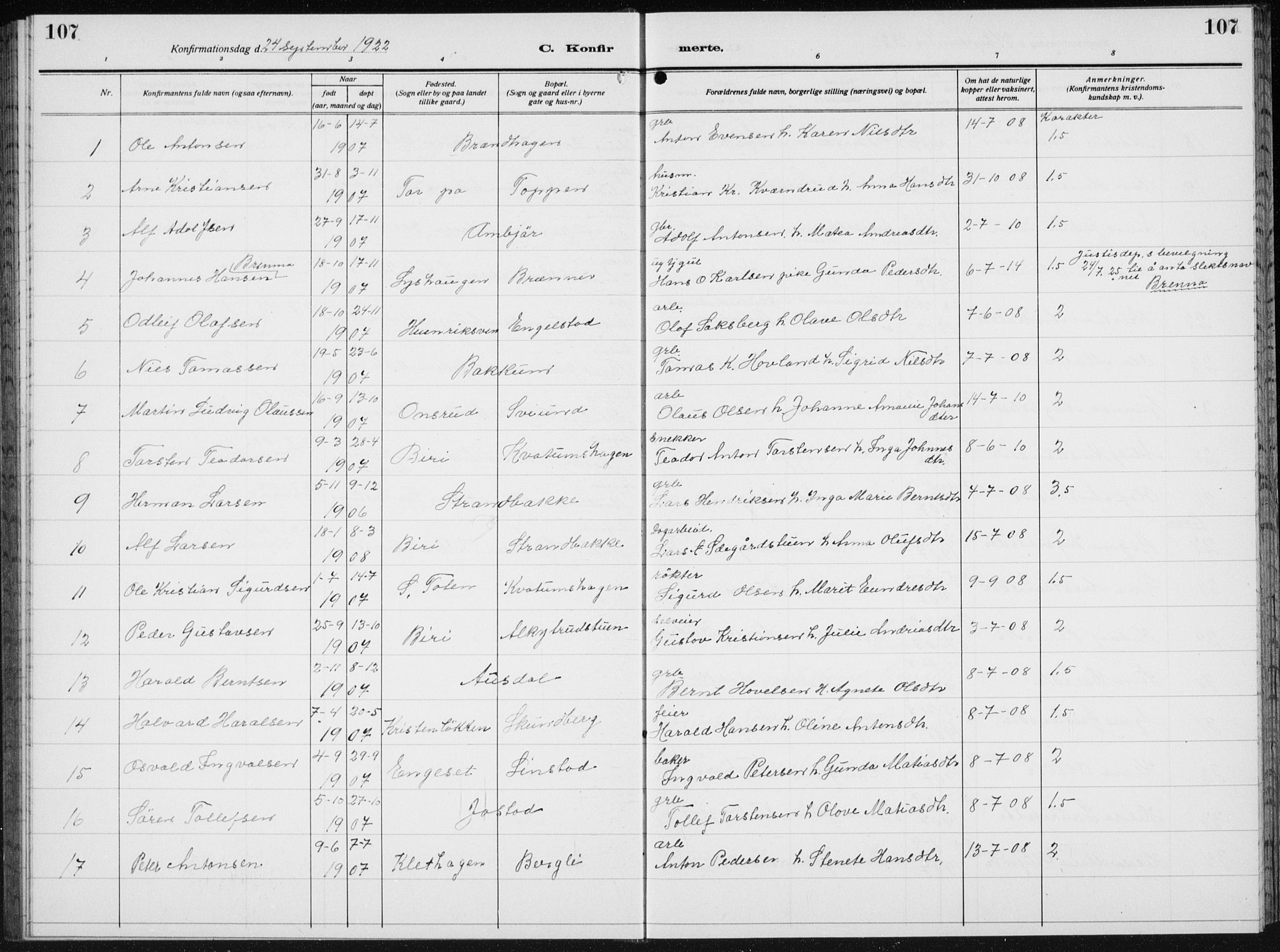 Biri prestekontor, SAH/PREST-096/H/Ha/Hab/L0007: Parish register (copy) no. 7, 1919-1941, p. 107