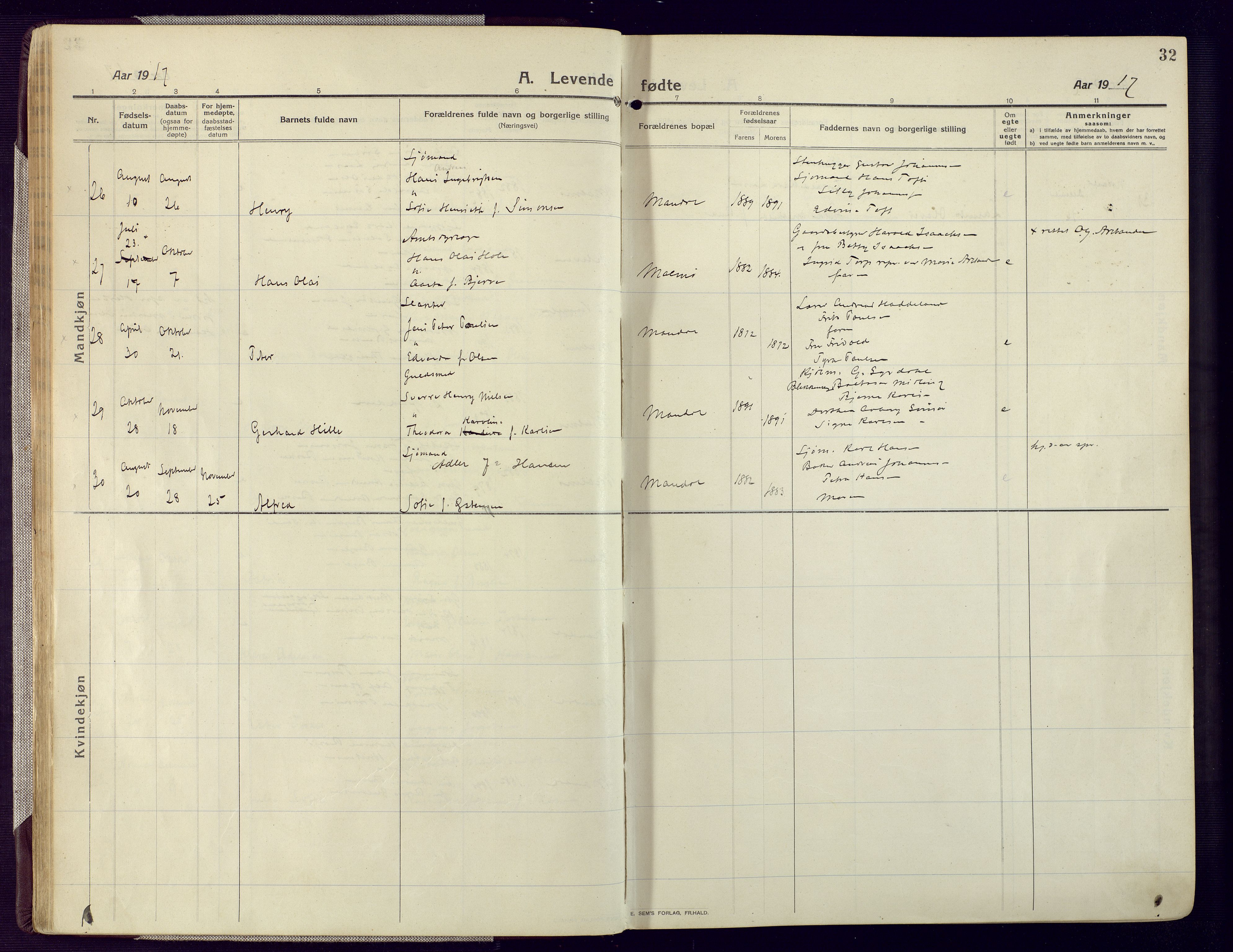 Mandal sokneprestkontor, AV/SAK-1111-0030/F/Fa/Fac/L0001: Parish register (official) no. A 1, 1913-1925, p. 32