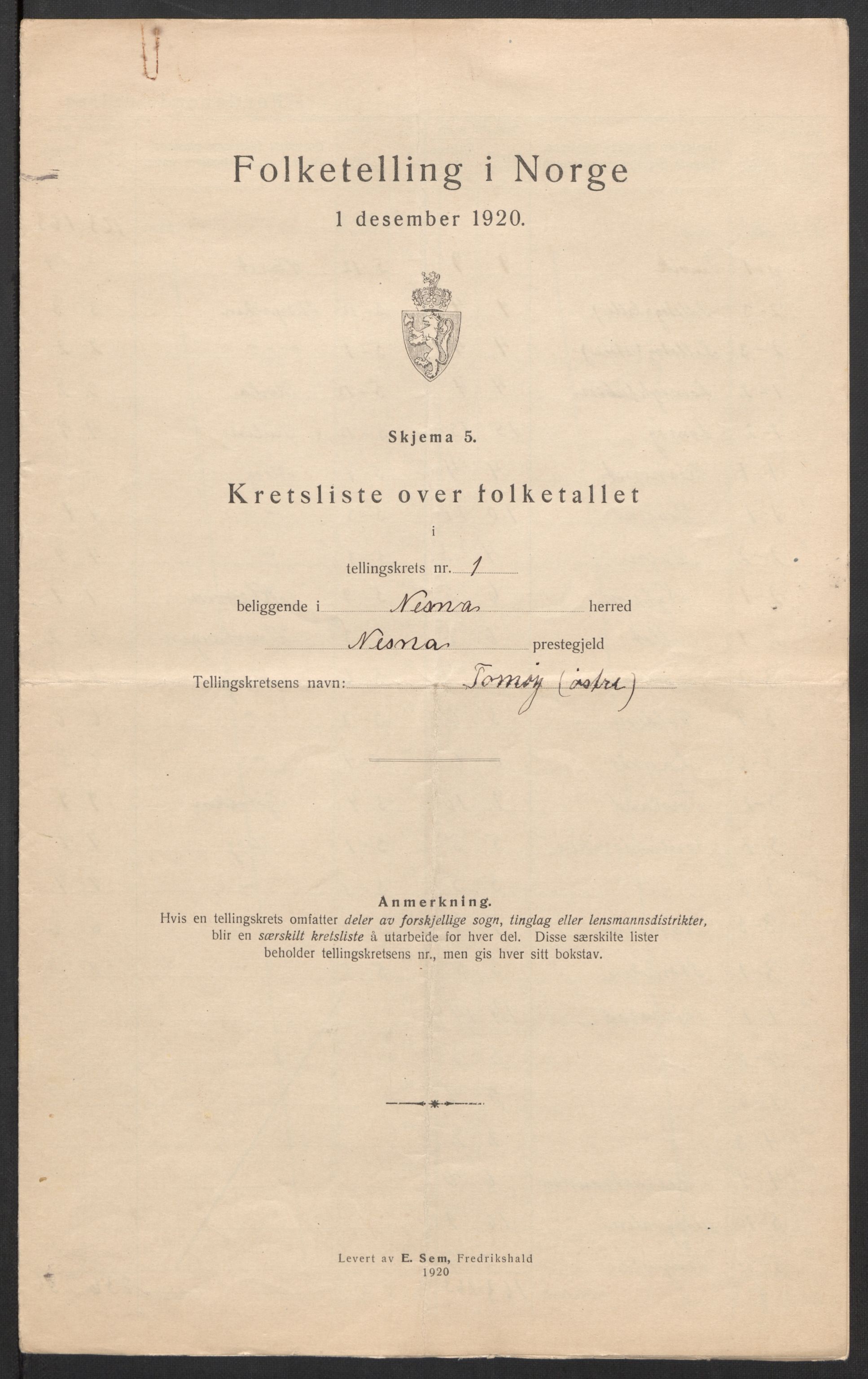 SAT, 1920 census for Nesna, 1920, p. 7