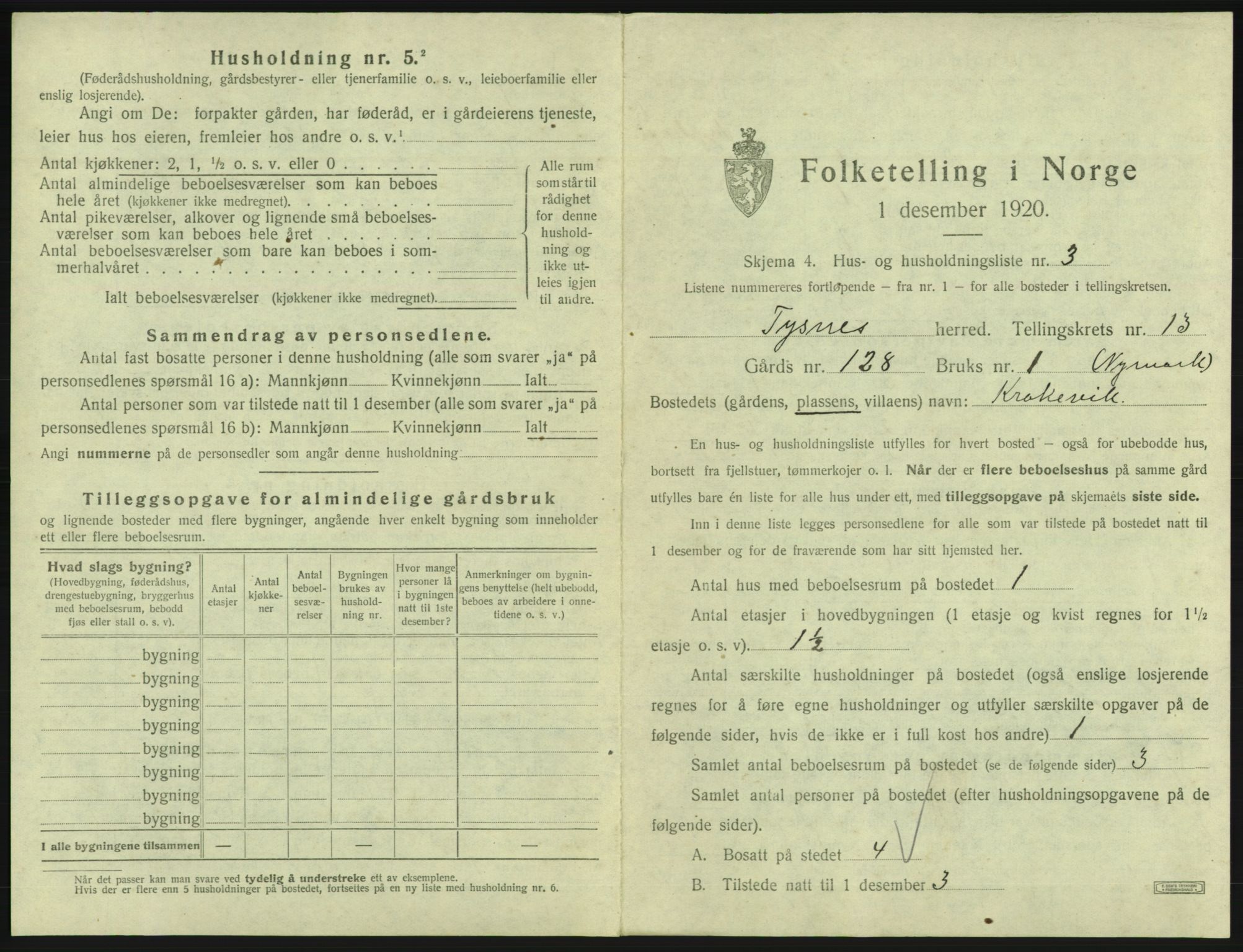 SAB, 1920 census for Tysnes, 1920, p. 1244