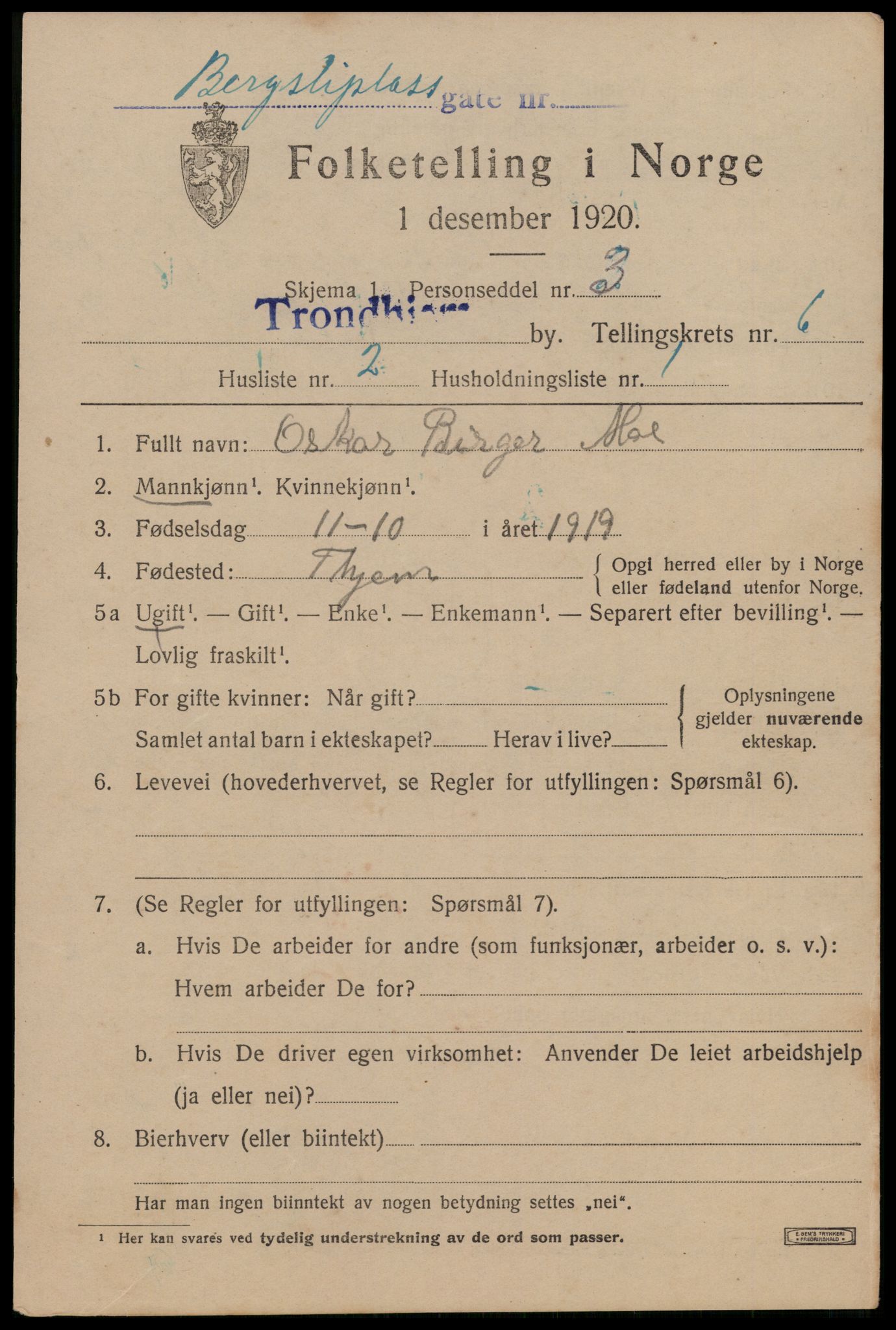 SAT, 1920 census for Trondheim, 1920, p. 39832