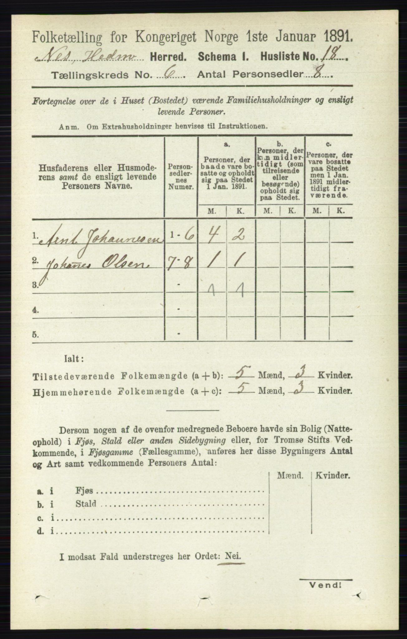 RA, 1891 census for 0411 Nes, 1891, p. 3186