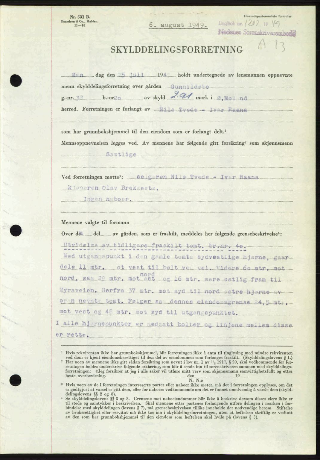 Nedenes sorenskriveri, SAK/1221-0006/G/Gb/Gba/L0061: Mortgage book no. A13, 1949-1949, Diary no: : 1202/1949