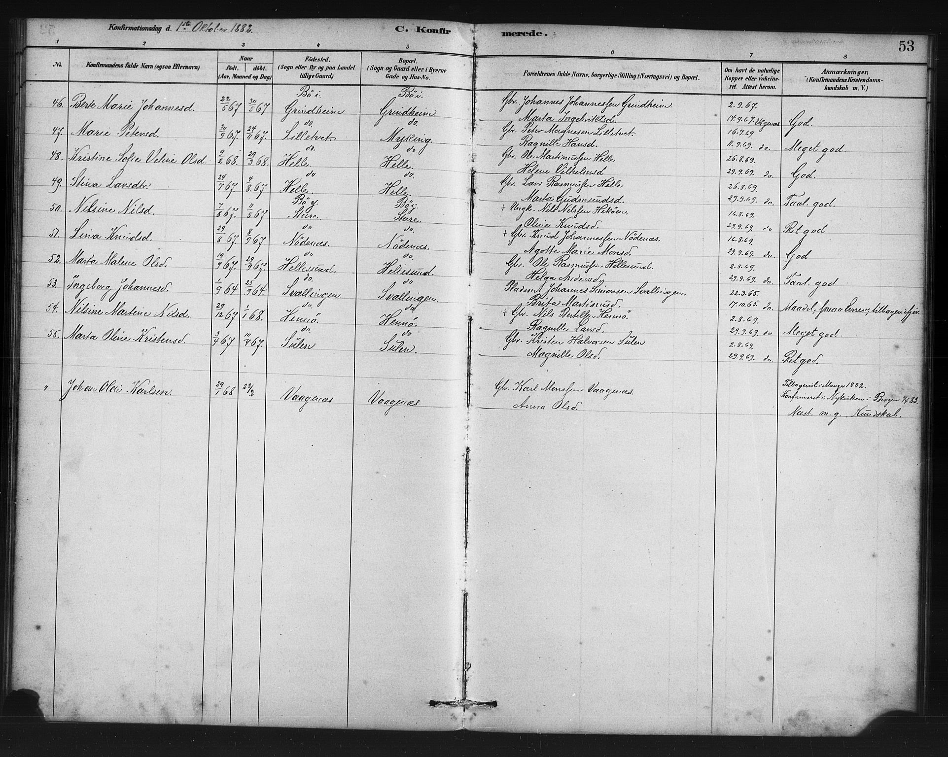 Manger sokneprestembete, SAB/A-76801/H/Haa: Parish register (official) no. C 1, 1881-1890, p. 53