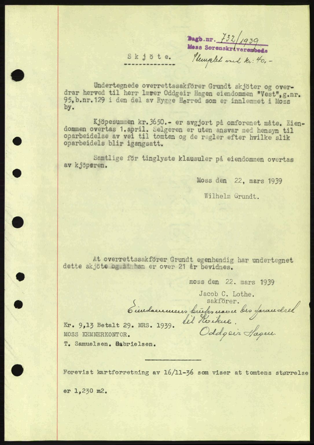Moss sorenskriveri, SAO/A-10168: Mortgage book no. A5, 1938-1939, Diary no: : 733/1939