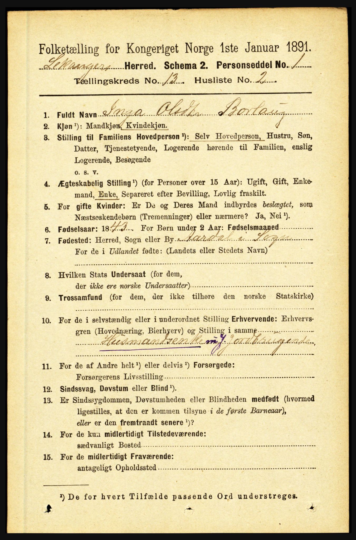 RA, 1891 census for 1419 Leikanger, 1891, p. 2464