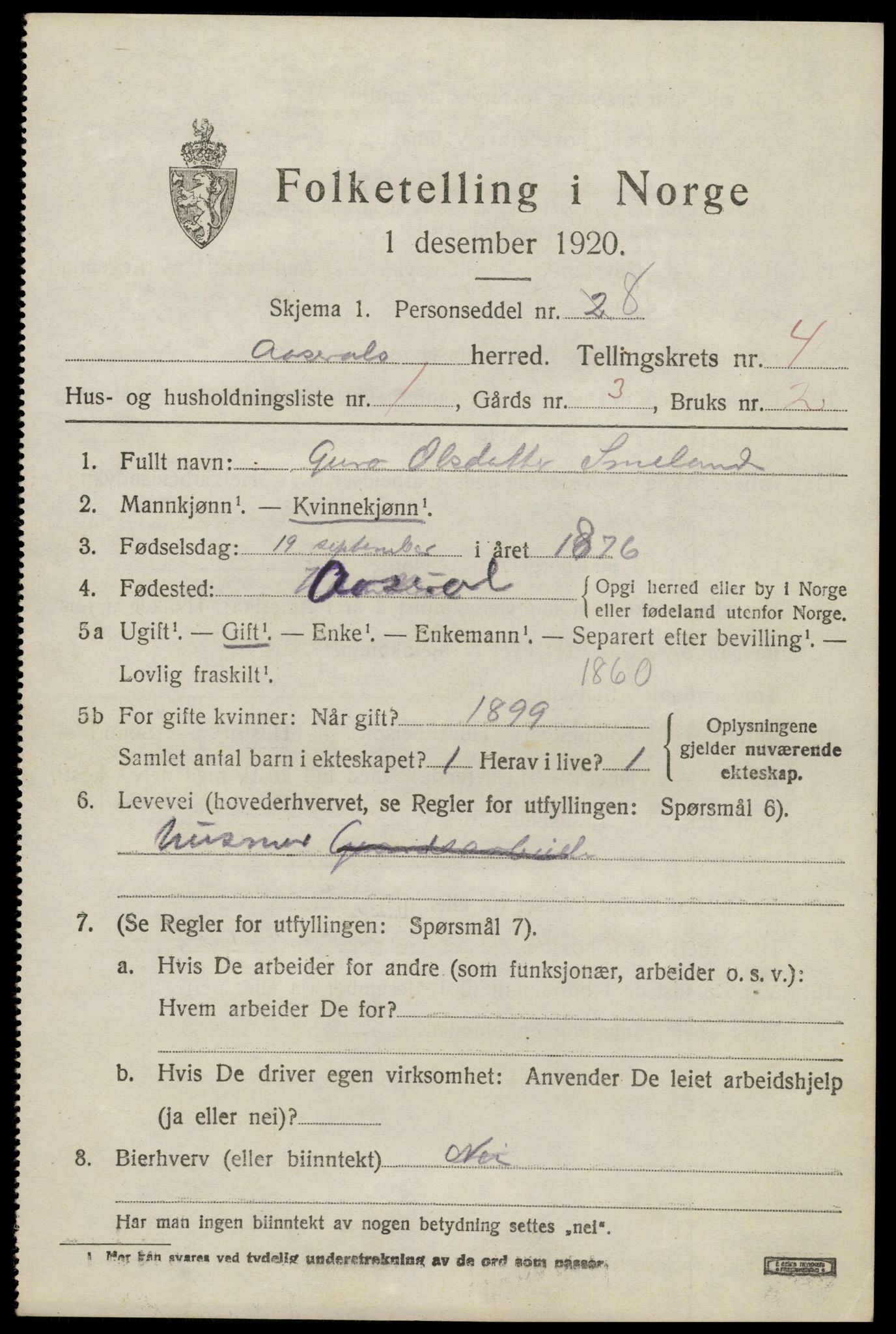 SAK, 1920 census for Åseral, 1920, p. 1200