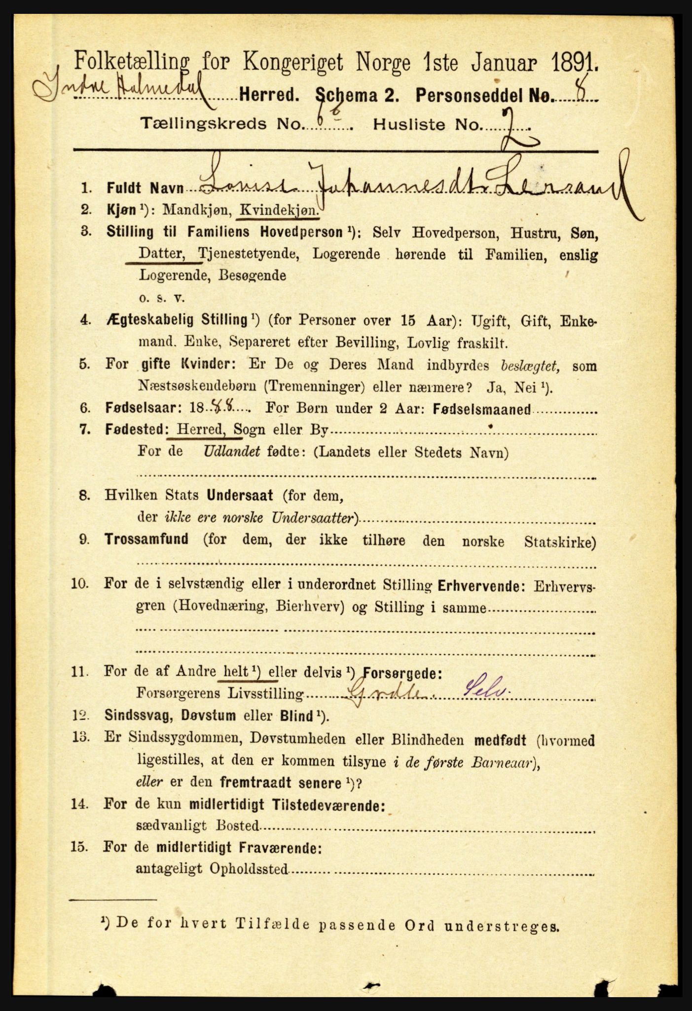 RA, 1891 census for 1430 Indre Holmedal, 1891, p. 2882