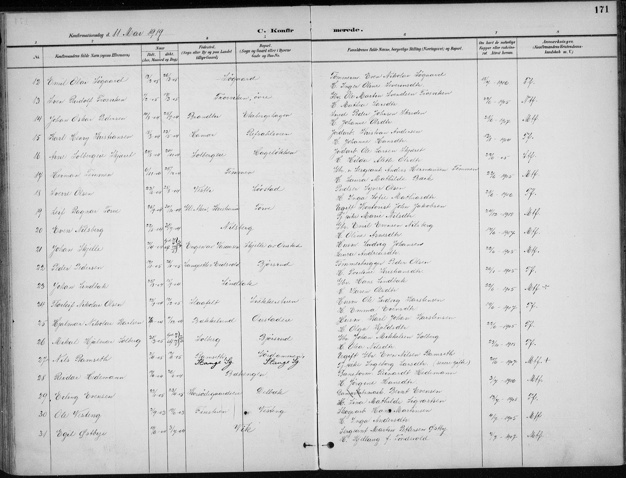 Stange prestekontor, AV/SAH-PREST-002/K/L0023: Parish register (official) no. 23, 1897-1920, p. 171