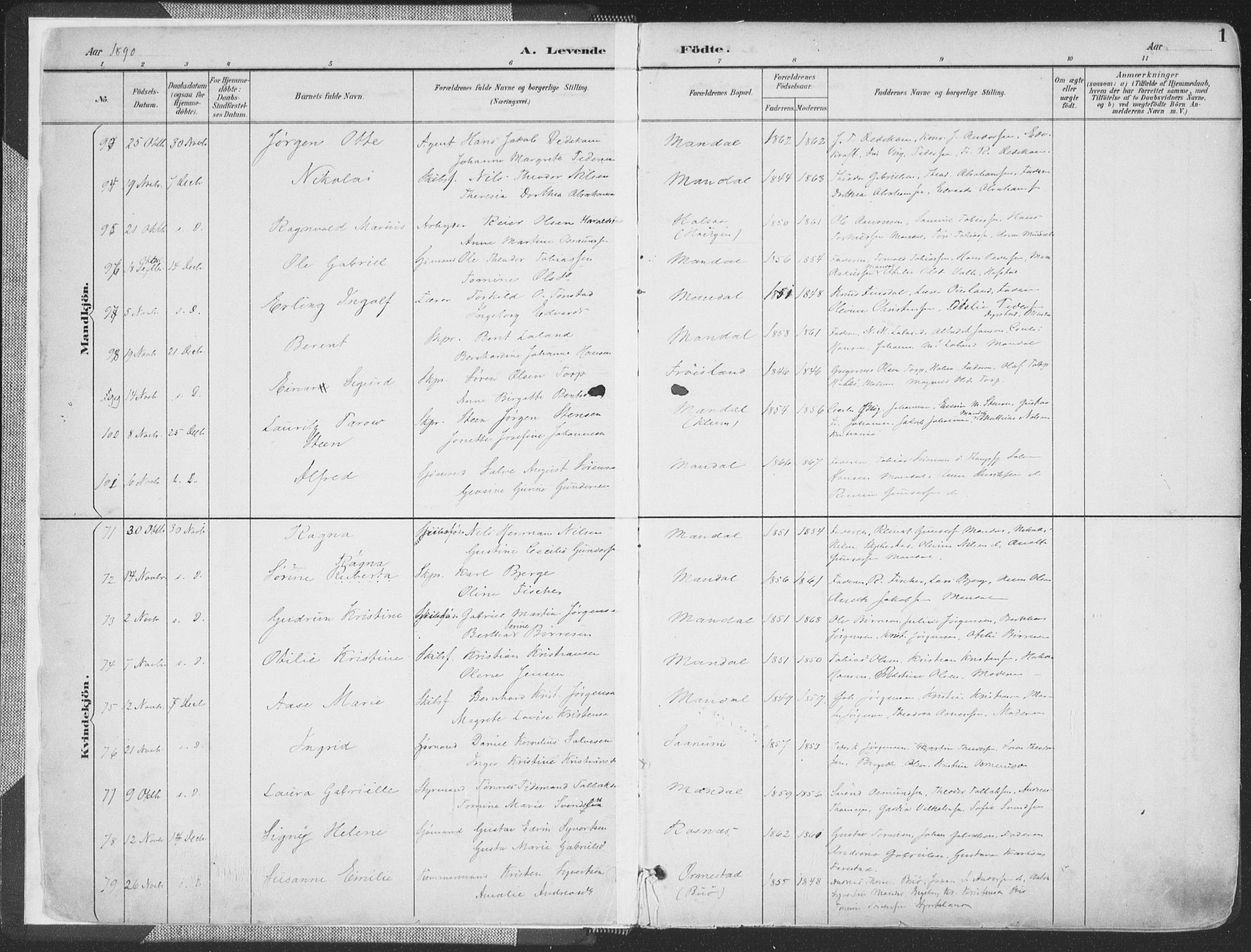 Mandal sokneprestkontor, SAK/1111-0030/F/Fa/Faa/L0018: Parish register (official) no. A 18, 1890-1905, p. 1