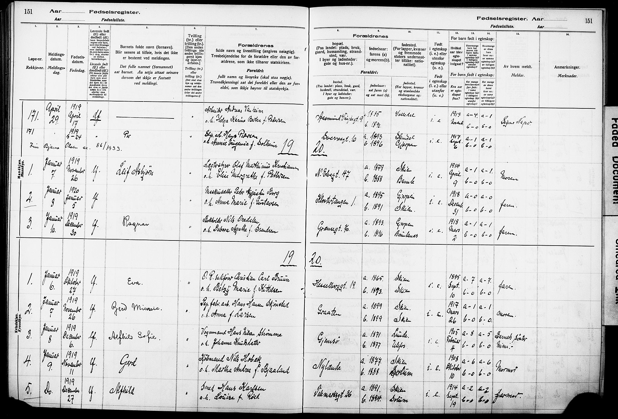 Skien kirkebøker, AV/SAKO-A-302/J/Ja/L0001: Birth register no. 1, 1916-1920, p. 151