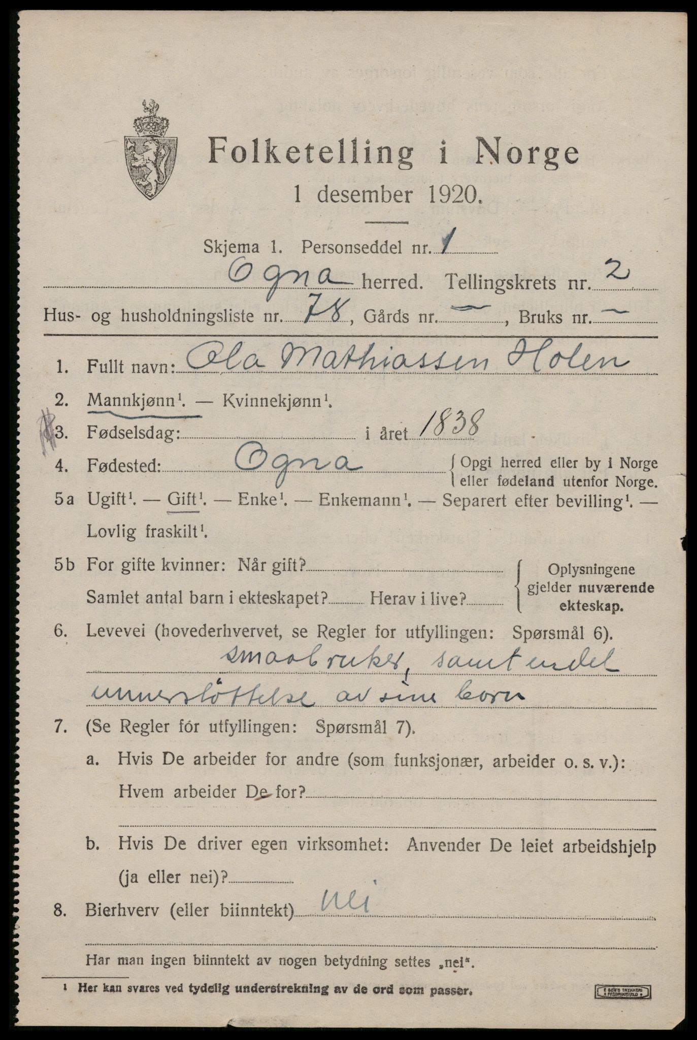 SAST, 1920 census for Ogna, 1920, p. 1743