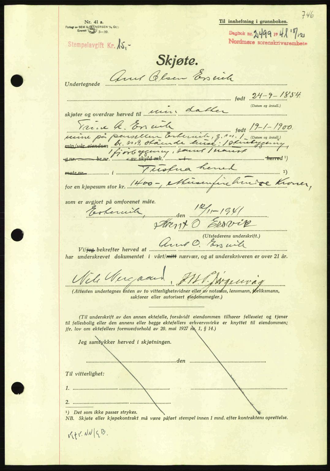 Nordmøre sorenskriveri, AV/SAT-A-4132/1/2/2Ca: Mortgage book no. A91, 1941-1942, Diary no: : 2499/1941