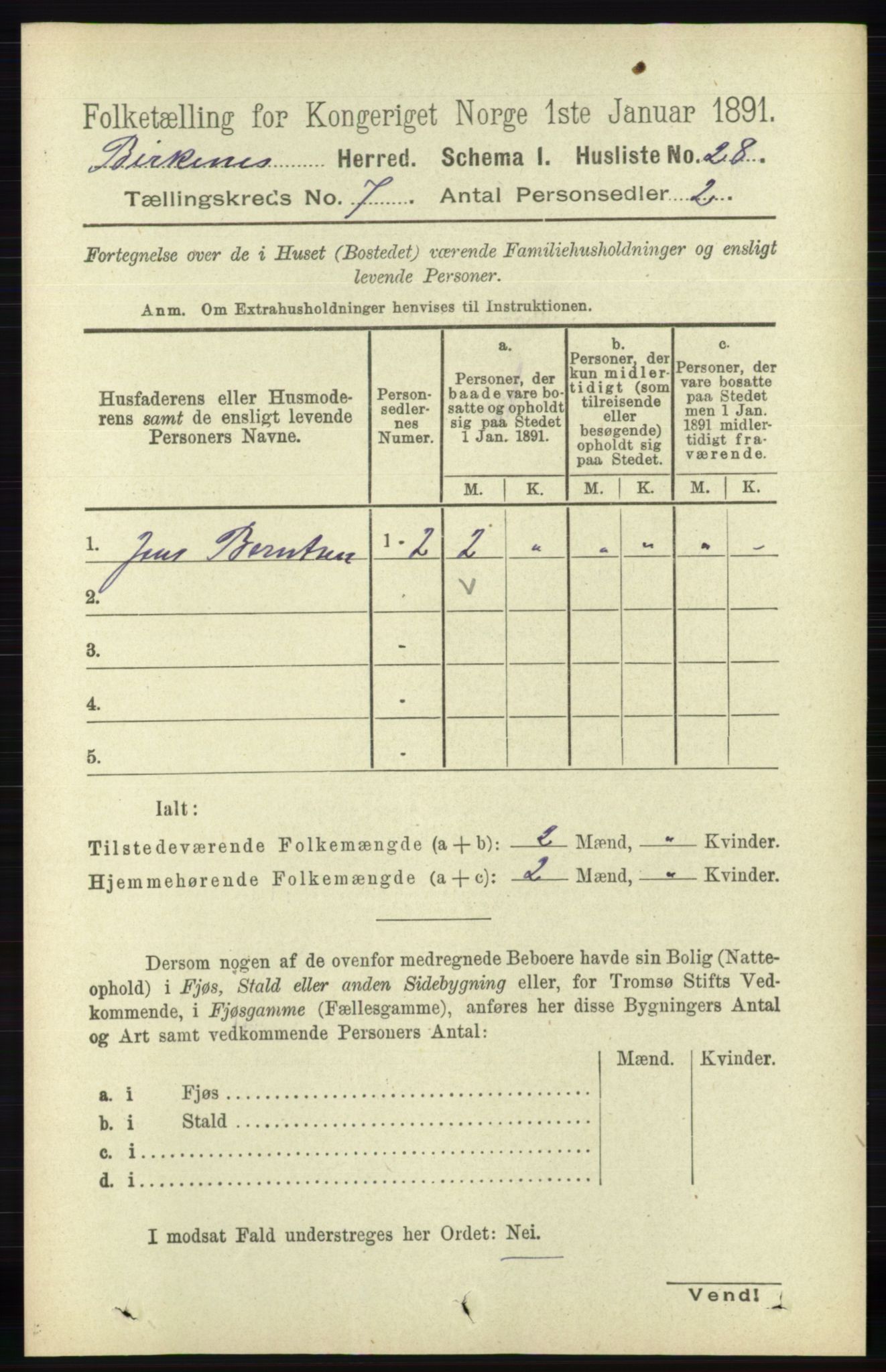 RA, 1891 Census for 0928 Birkenes, 1891, p. 1969