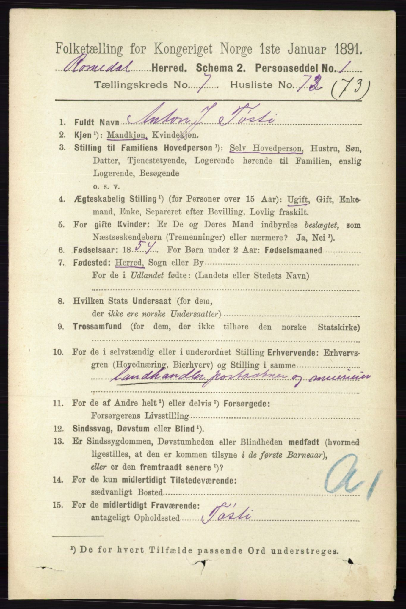 RA, 1891 census for 0416 Romedal, 1891, p. 3905