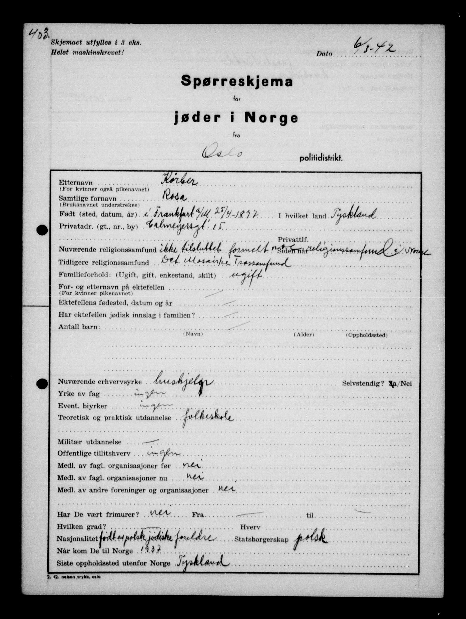 Statspolitiet - Hovedkontoret / Osloavdelingen, AV/RA-S-1329/G/Ga/L0010: Spørreskjema for jøder i Norge, Oslo Hansen-Pintzow, 1942, p. 427