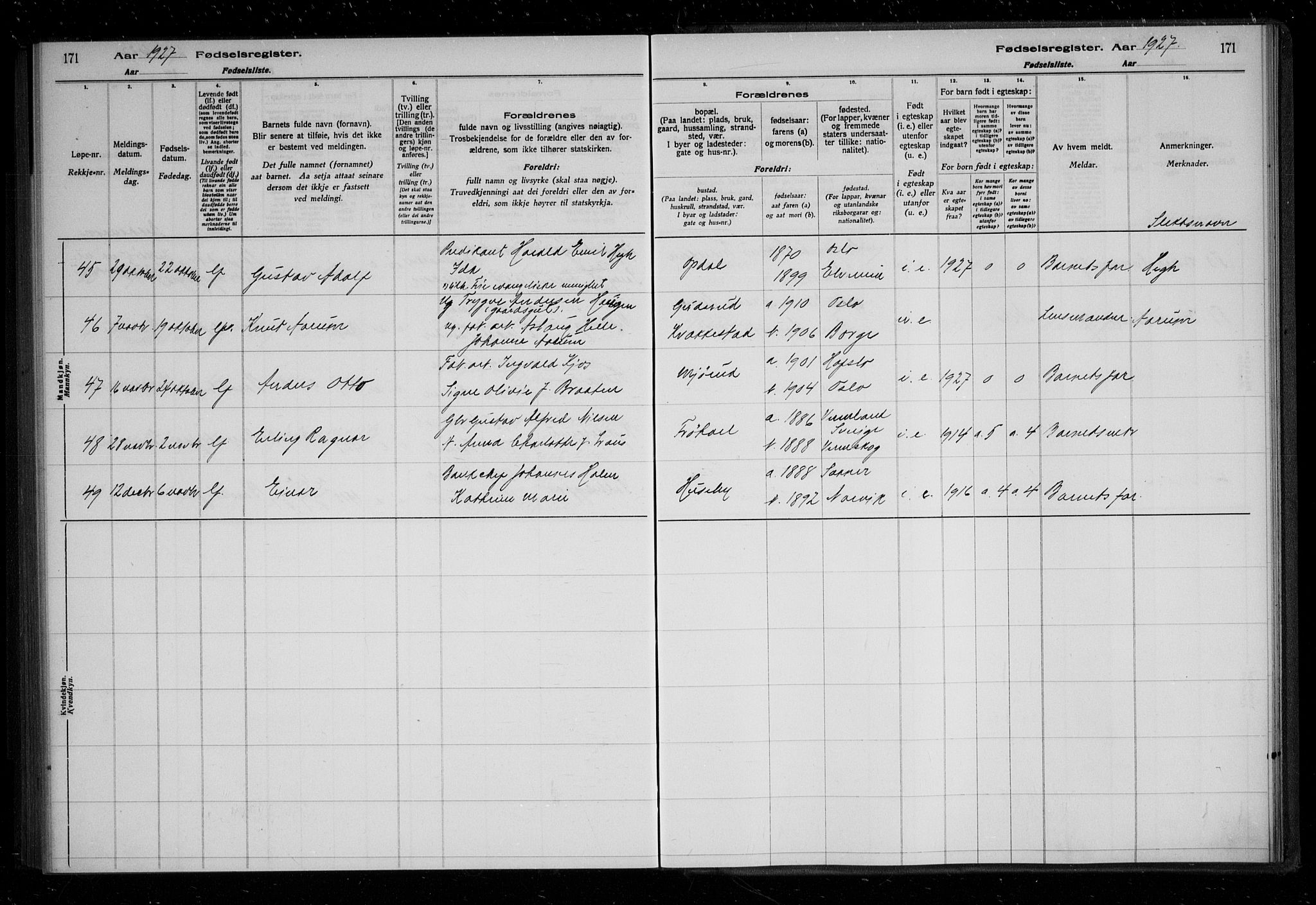 Askim prestekontor Kirkebøker, AV/SAO-A-10900/J/Ja/L0001: Birth register no. 1, 1916-1929, p. 171