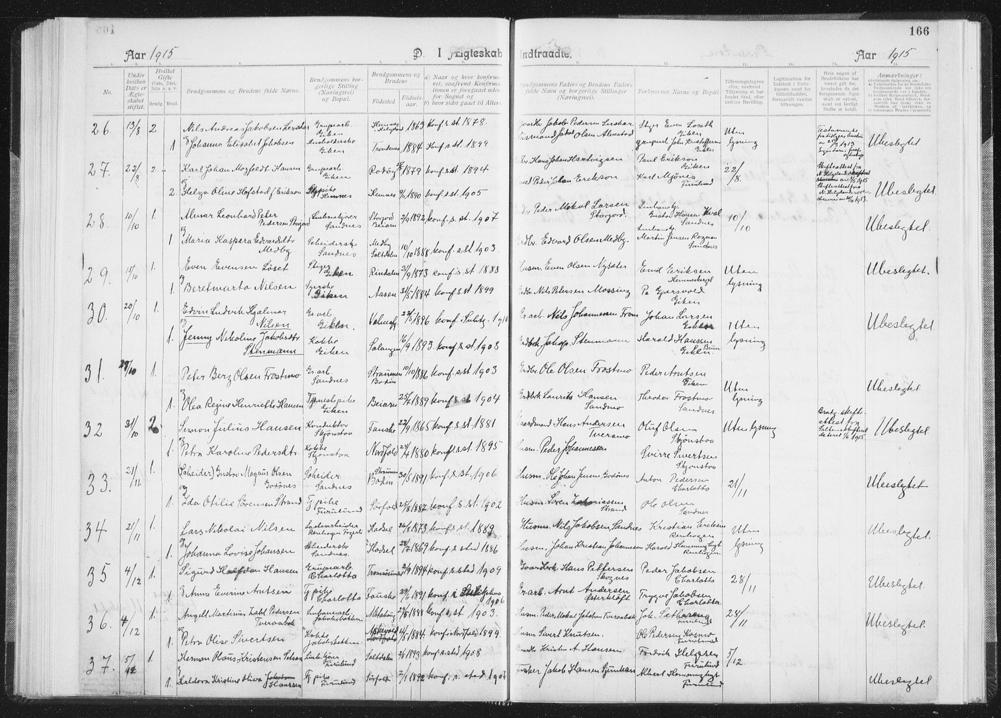 Ministerialprotokoller, klokkerbøker og fødselsregistre - Nordland, SAT/A-1459/850/L0711: Curate's parish register no. 850B01, 1902-1915, p. 166