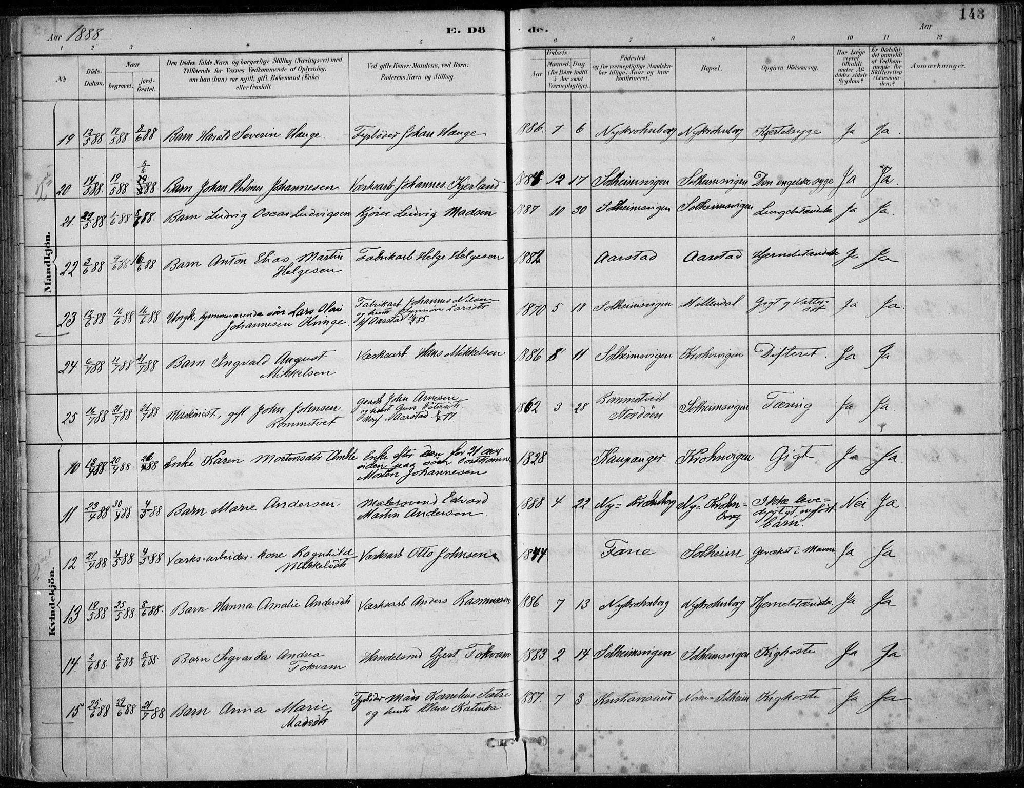 Årstad Sokneprestembete, AV/SAB-A-79301/H/Haa/L0006: Parish register (official) no. B 1, 1886-1901, p. 143