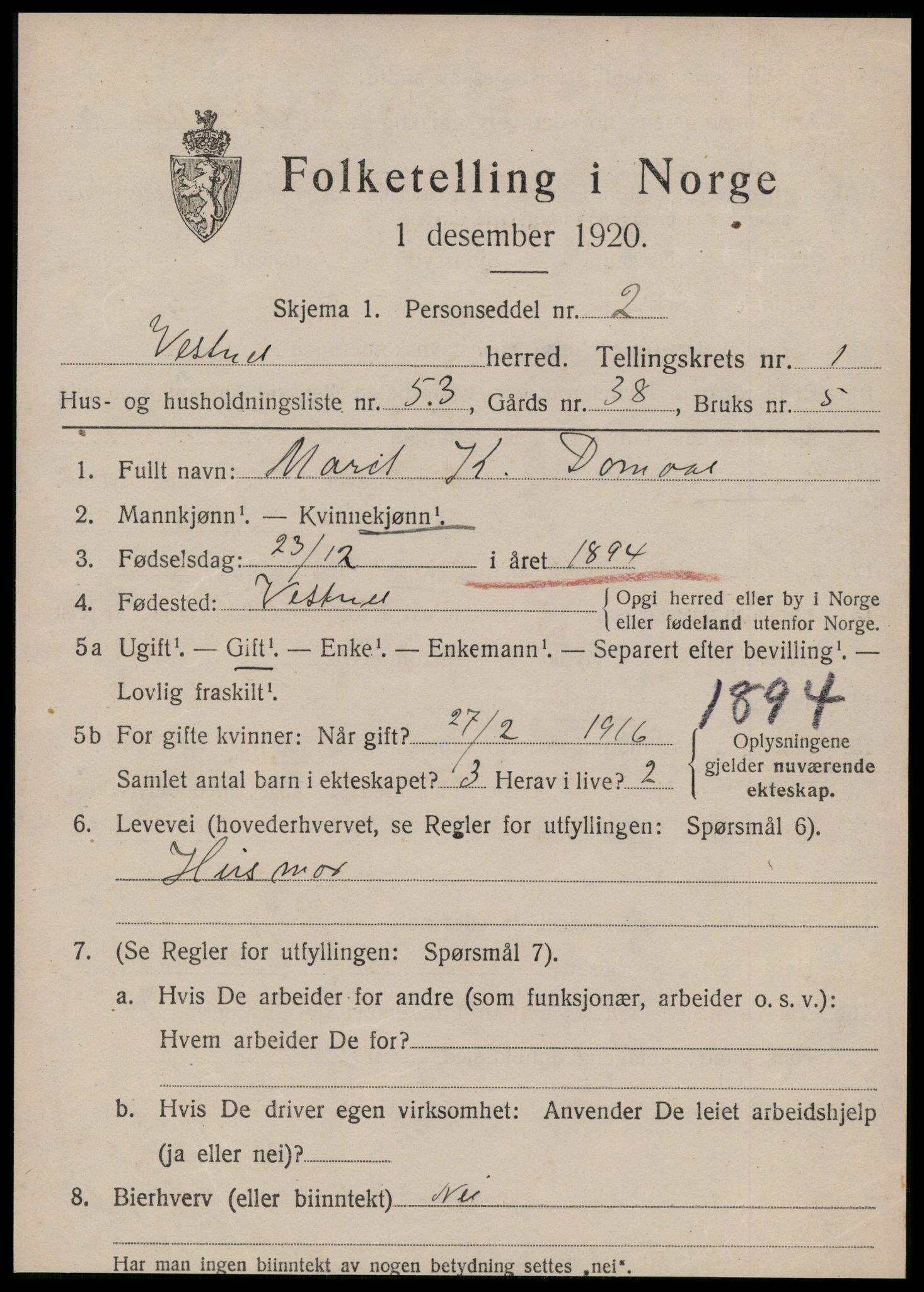 SAT, 1920 census for Vestnes, 1920, p. 1847