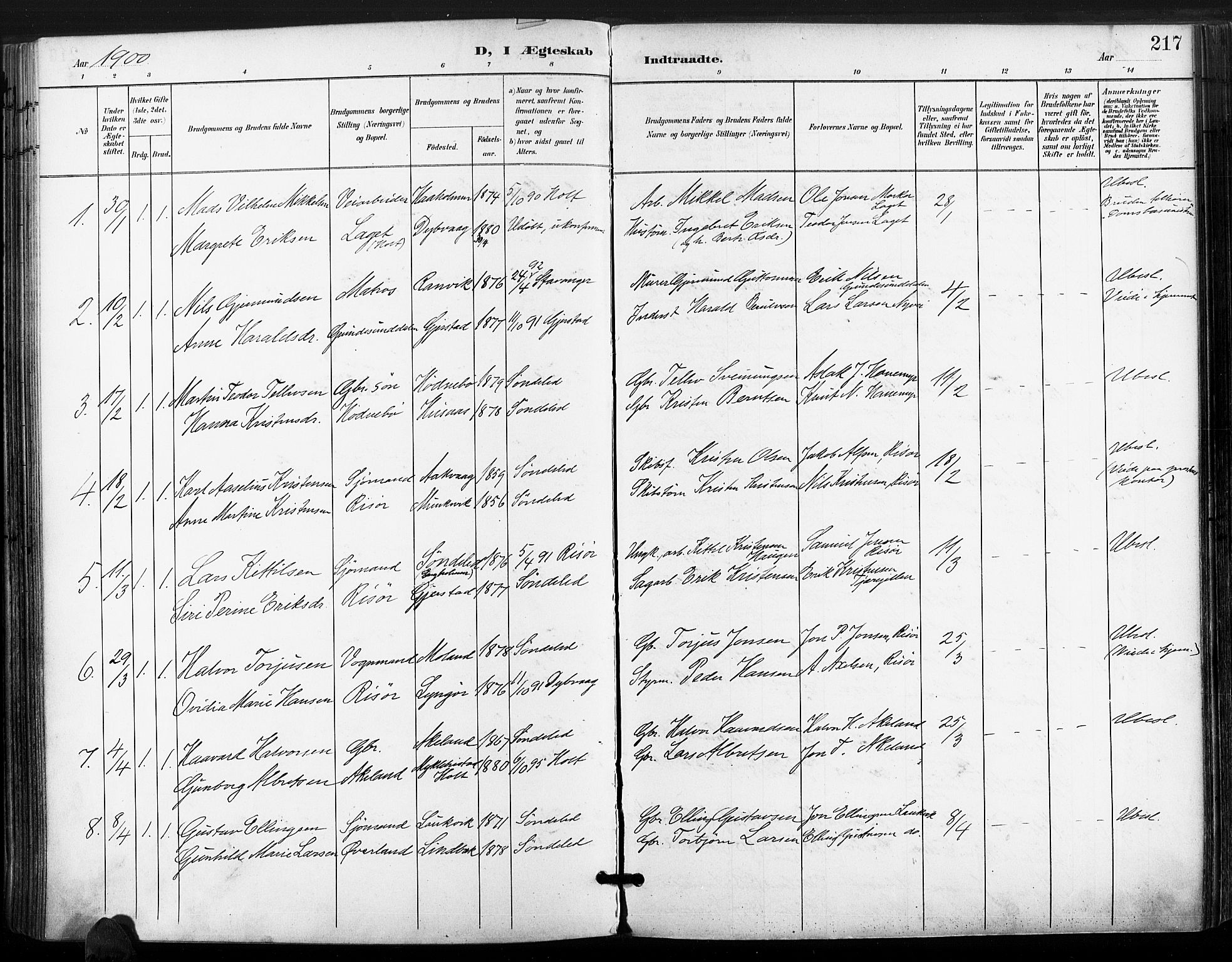 Søndeled sokneprestkontor, AV/SAK-1111-0038/F/Fa/L0006: Parish register (official) no. A 6, 1900-1922, p. 217