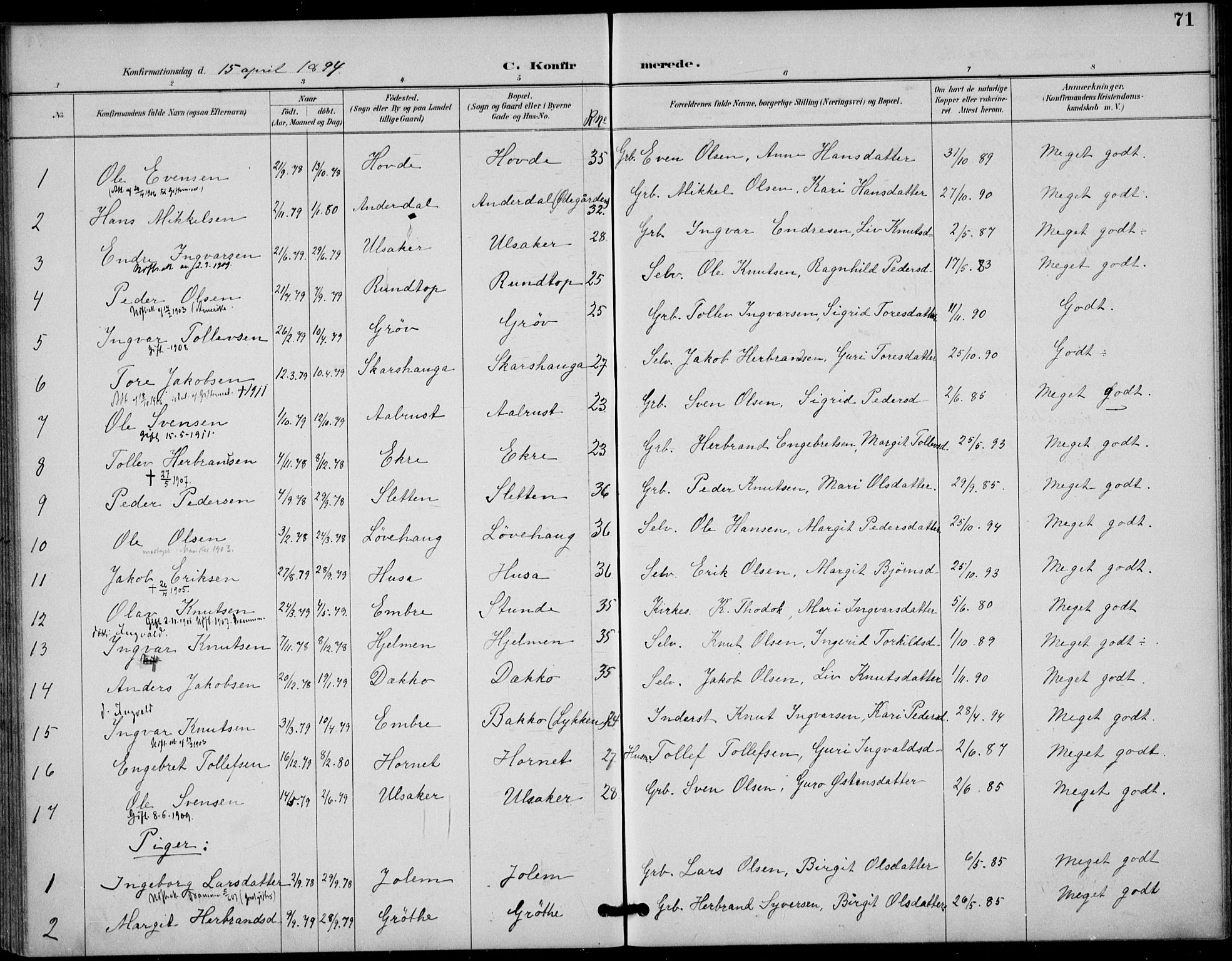 Gol kirkebøker, AV/SAKO-A-226/F/Fb/L0001: Parish register (official) no. II 1, 1887-1900, p. 71