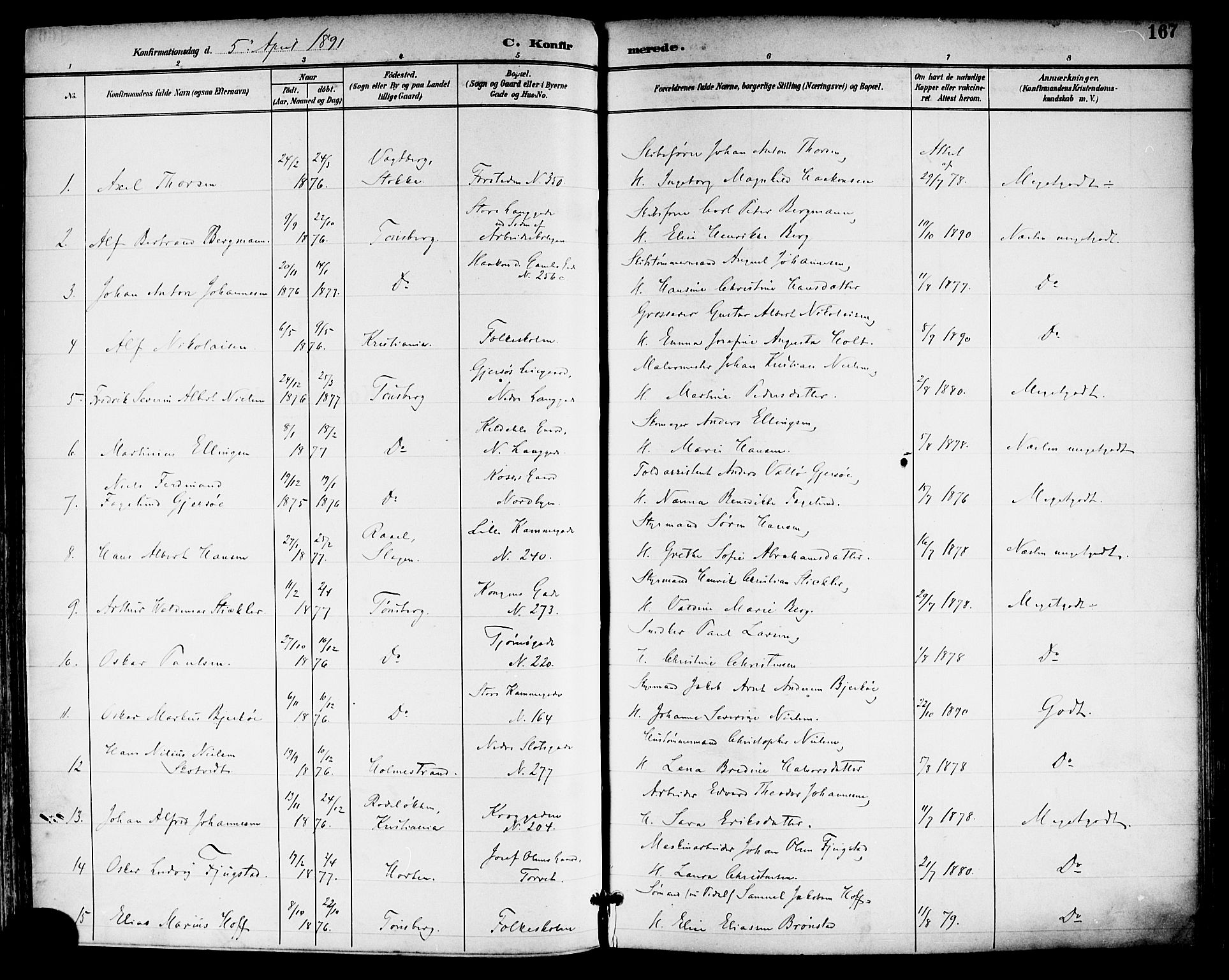 Tønsberg kirkebøker, AV/SAKO-A-330/F/Fa/L0012: Parish register (official) no. I 12, 1891-1899, p. 167