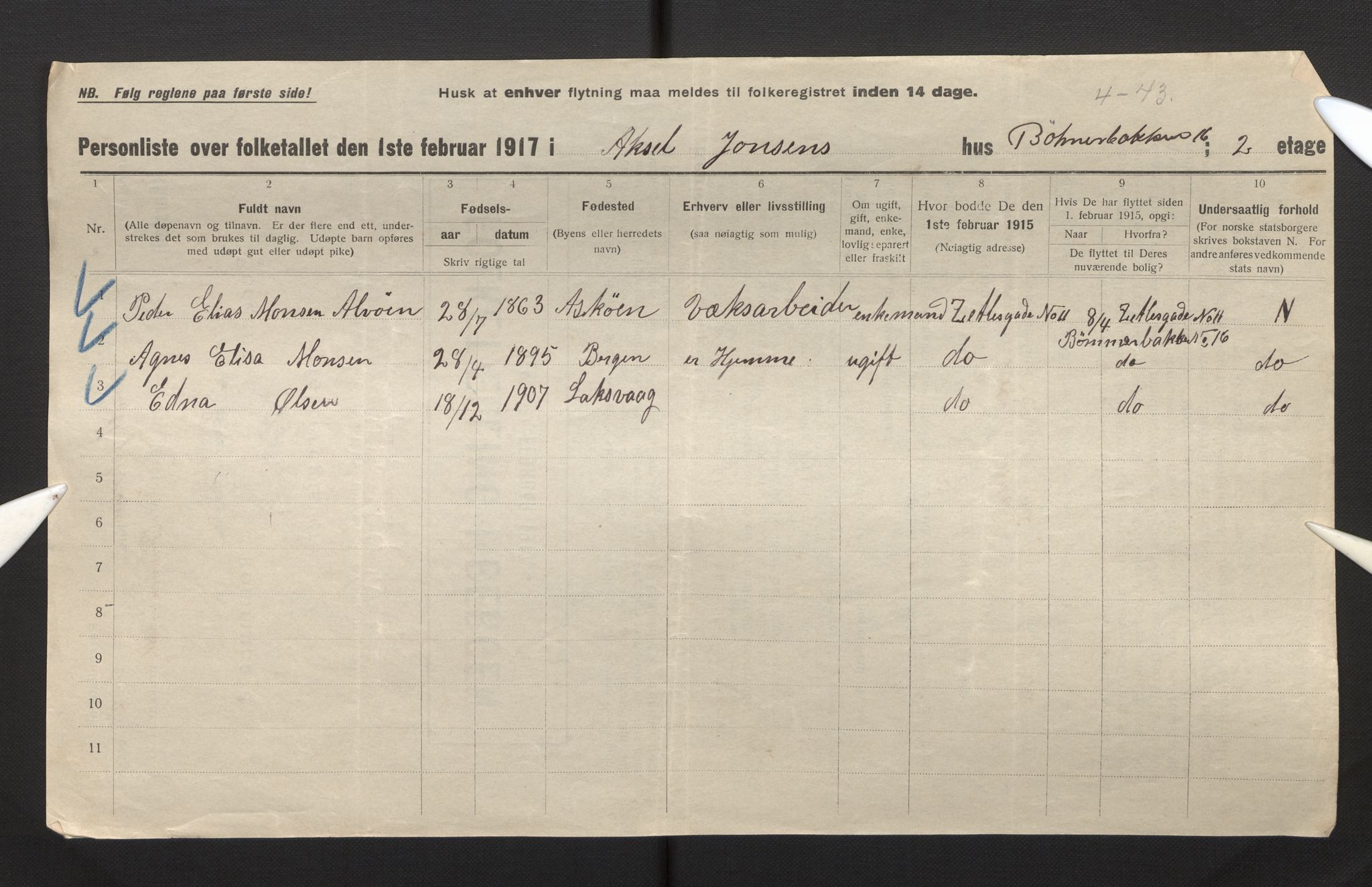 SAB, Municipal Census 1917 for Bergen, 1917, p. 47276