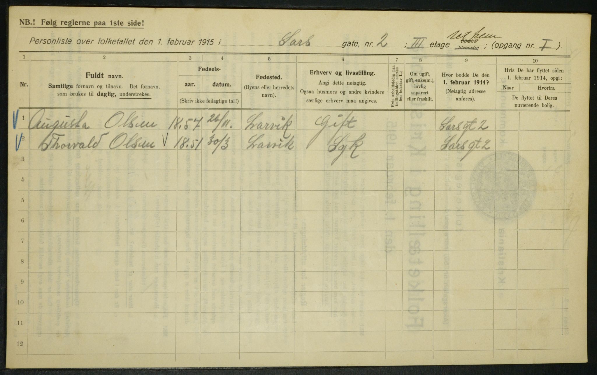 OBA, Municipal Census 1915 for Kristiania, 1915, p. 88912