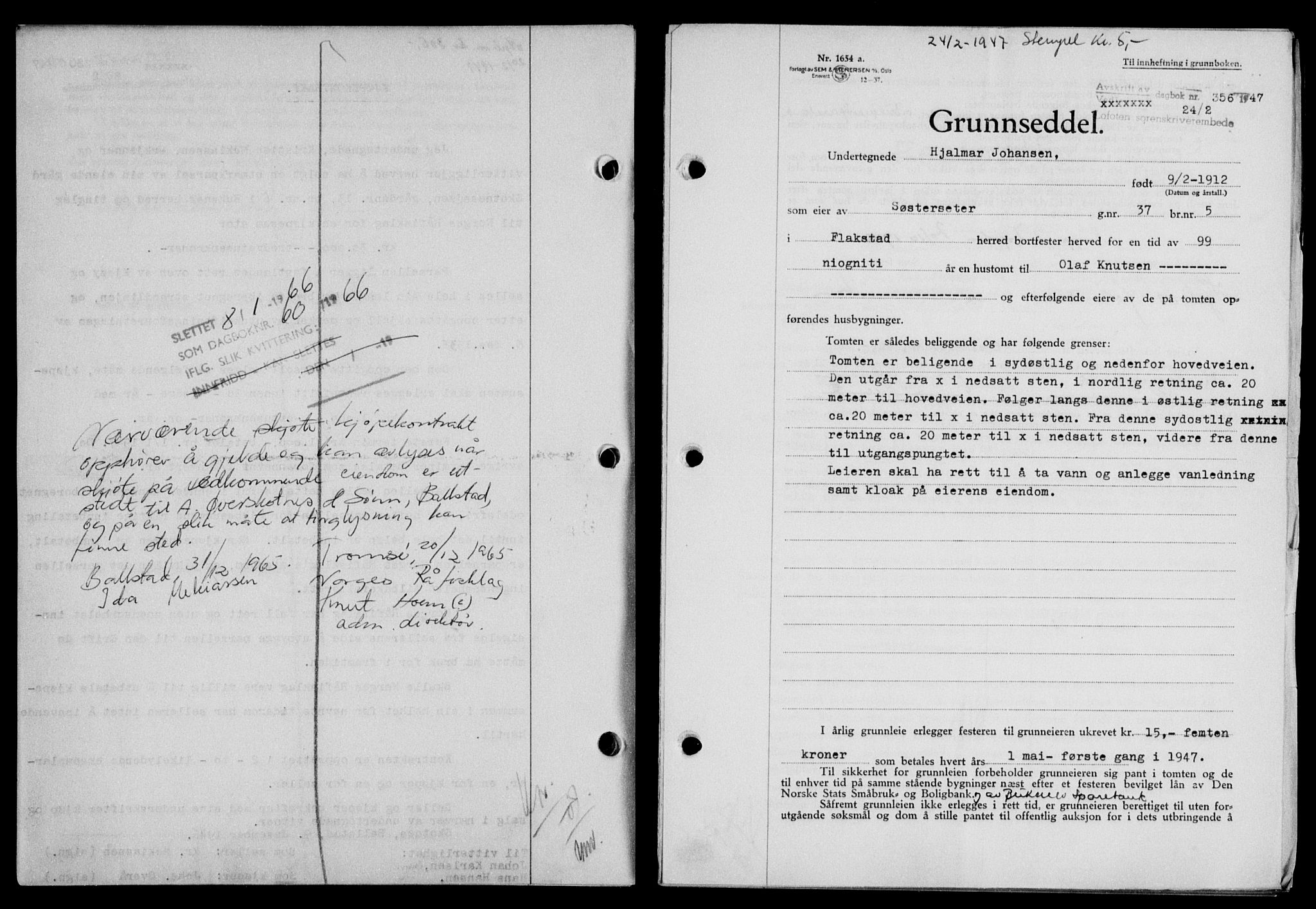 Lofoten sorenskriveri, SAT/A-0017/1/2/2C/L0015a: Mortgage book no. 15a, 1946-1947, Diary no: : 356/1947