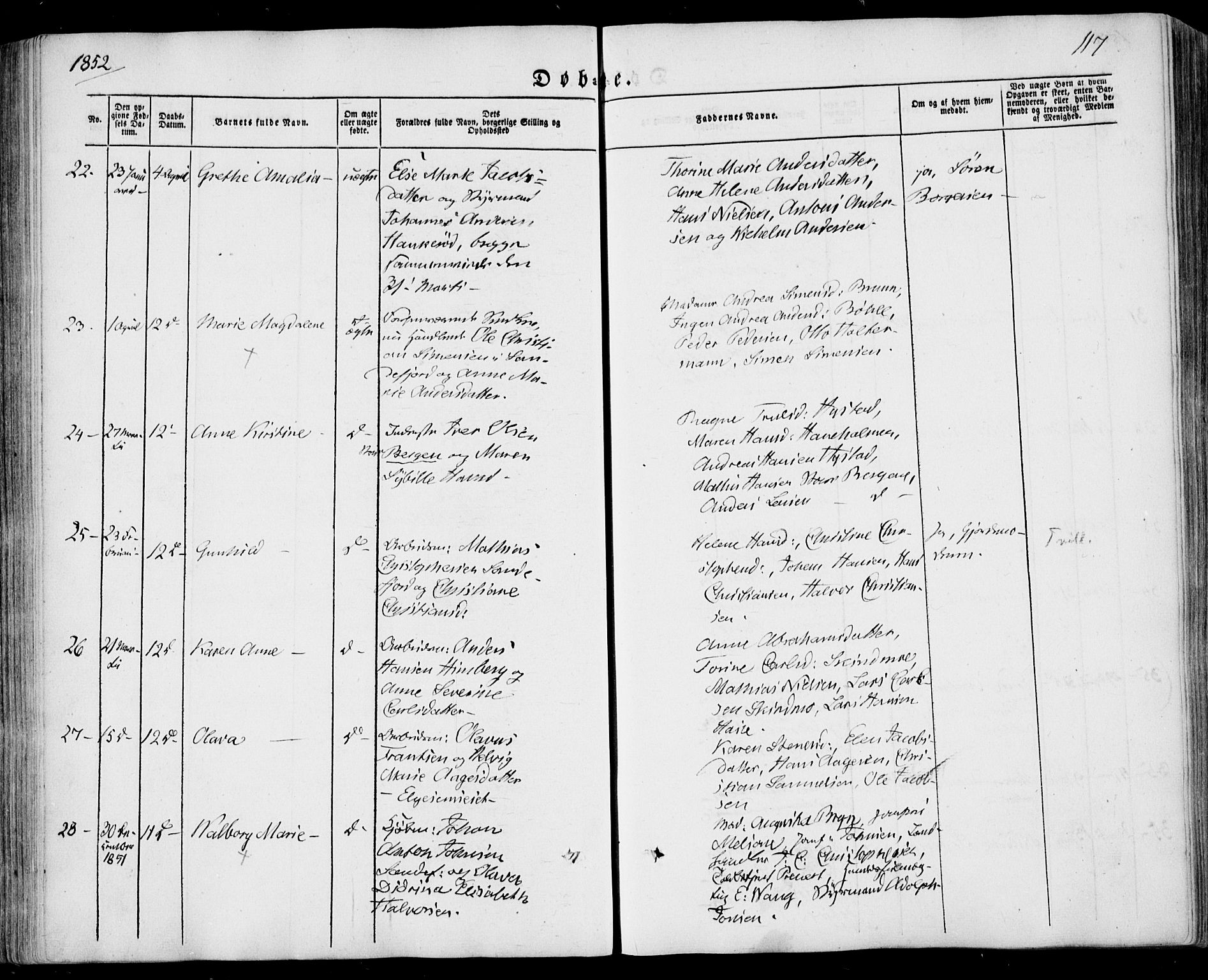Sandar kirkebøker, AV/SAKO-A-243/F/Fa/L0006: Parish register (official) no. 6, 1847-1860, p. 117