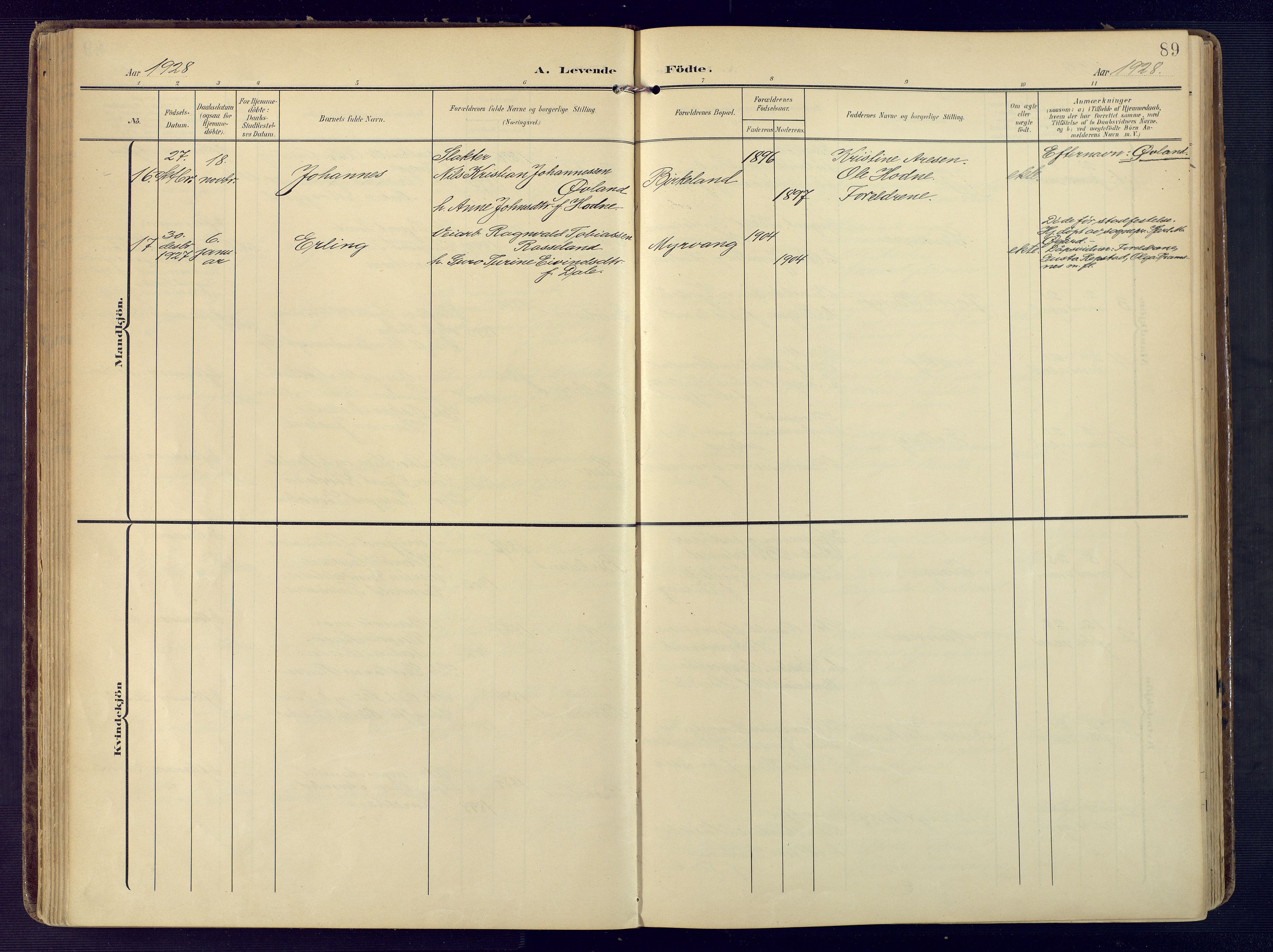 Birkenes sokneprestkontor, SAK/1111-0004/F/Fa/L0006: Parish register (official) no. A 6, 1908-1932, p. 89