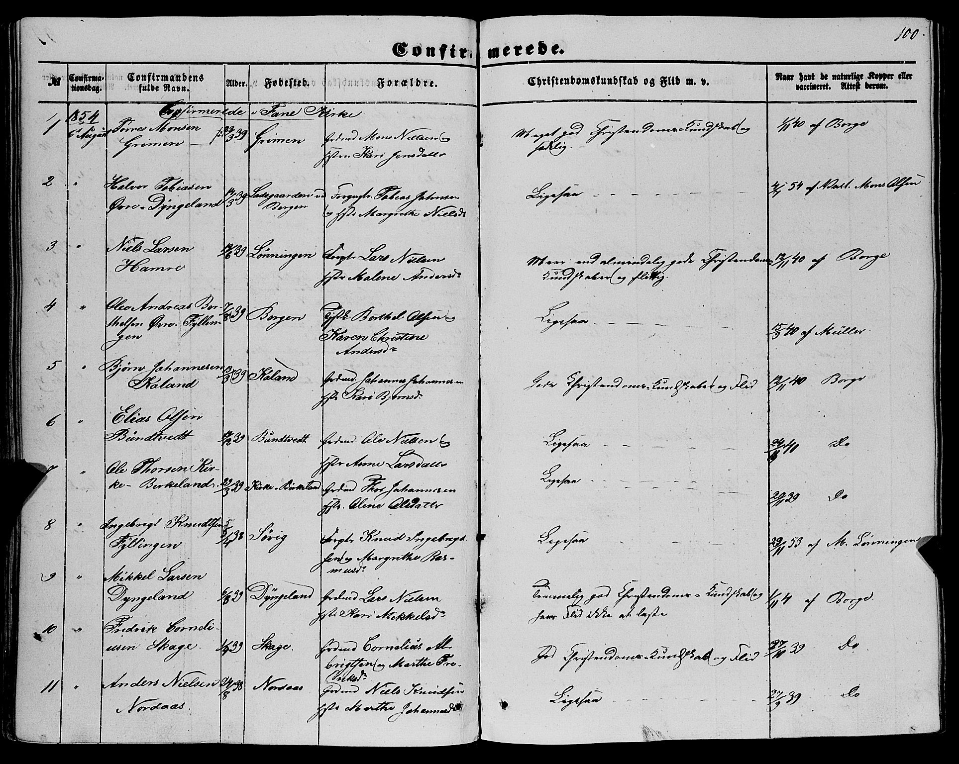 Fana Sokneprestembete, SAB/A-75101/H/Haa/Haaa/L0011: Parish register (official) no. A 11, 1851-1862, p. 100