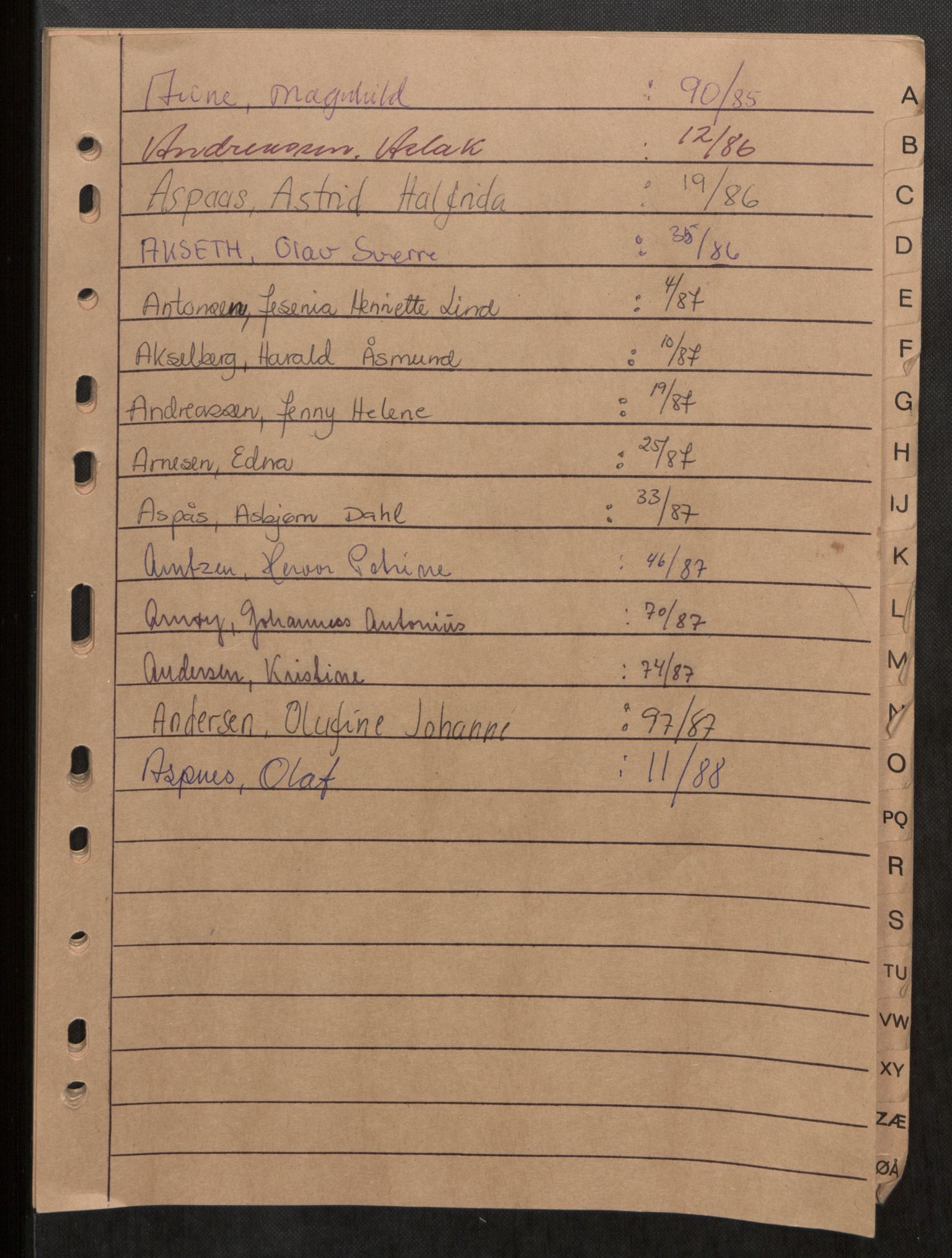 Brønnøy og Vevelstad lensmannskontor, AV/SAT-A-5681/2/Ga/L0006: Dødsfallprotokoll, 1985-1989