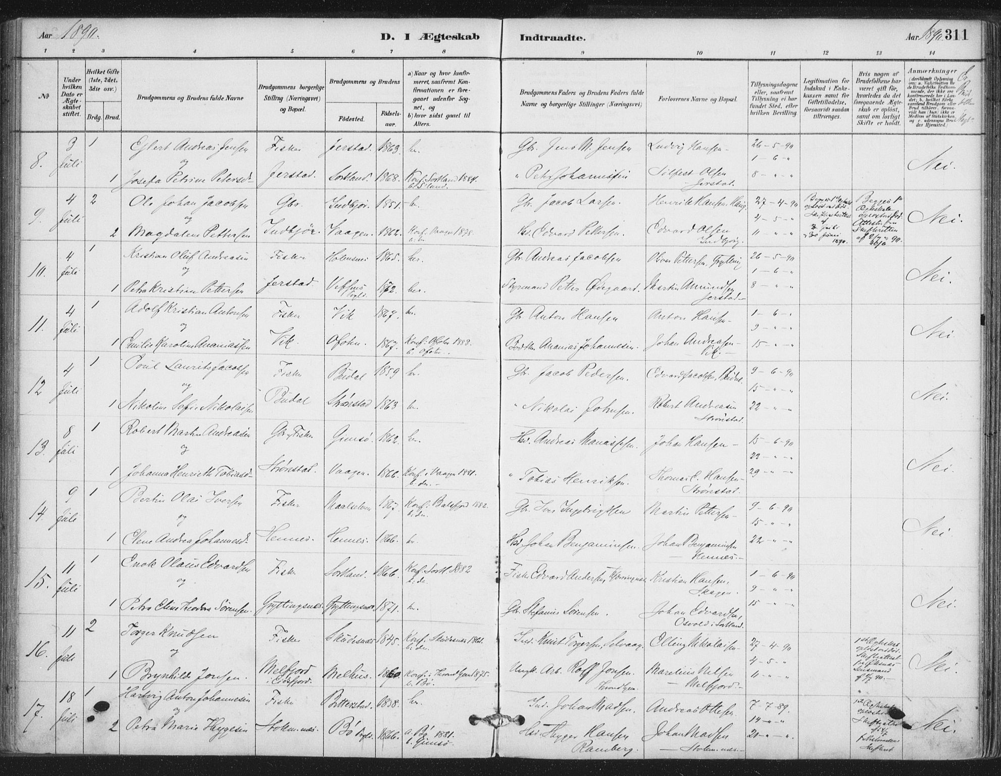 Ministerialprotokoller, klokkerbøker og fødselsregistre - Nordland, SAT/A-1459/888/L1244: Parish register (official) no. 888A10, 1880-1890, p. 311