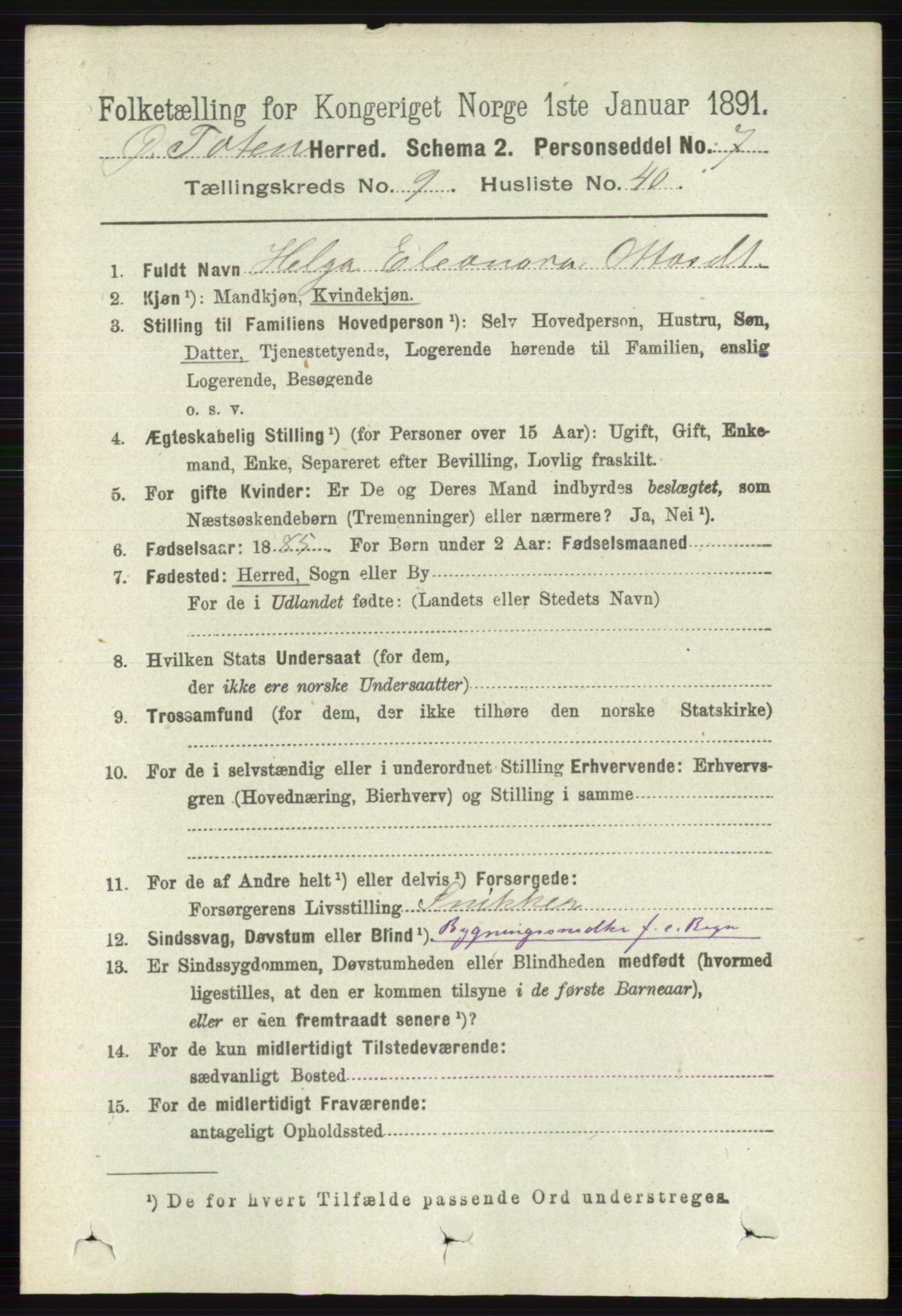 RA, 1891 census for 0528 Østre Toten, 1891, p. 5884