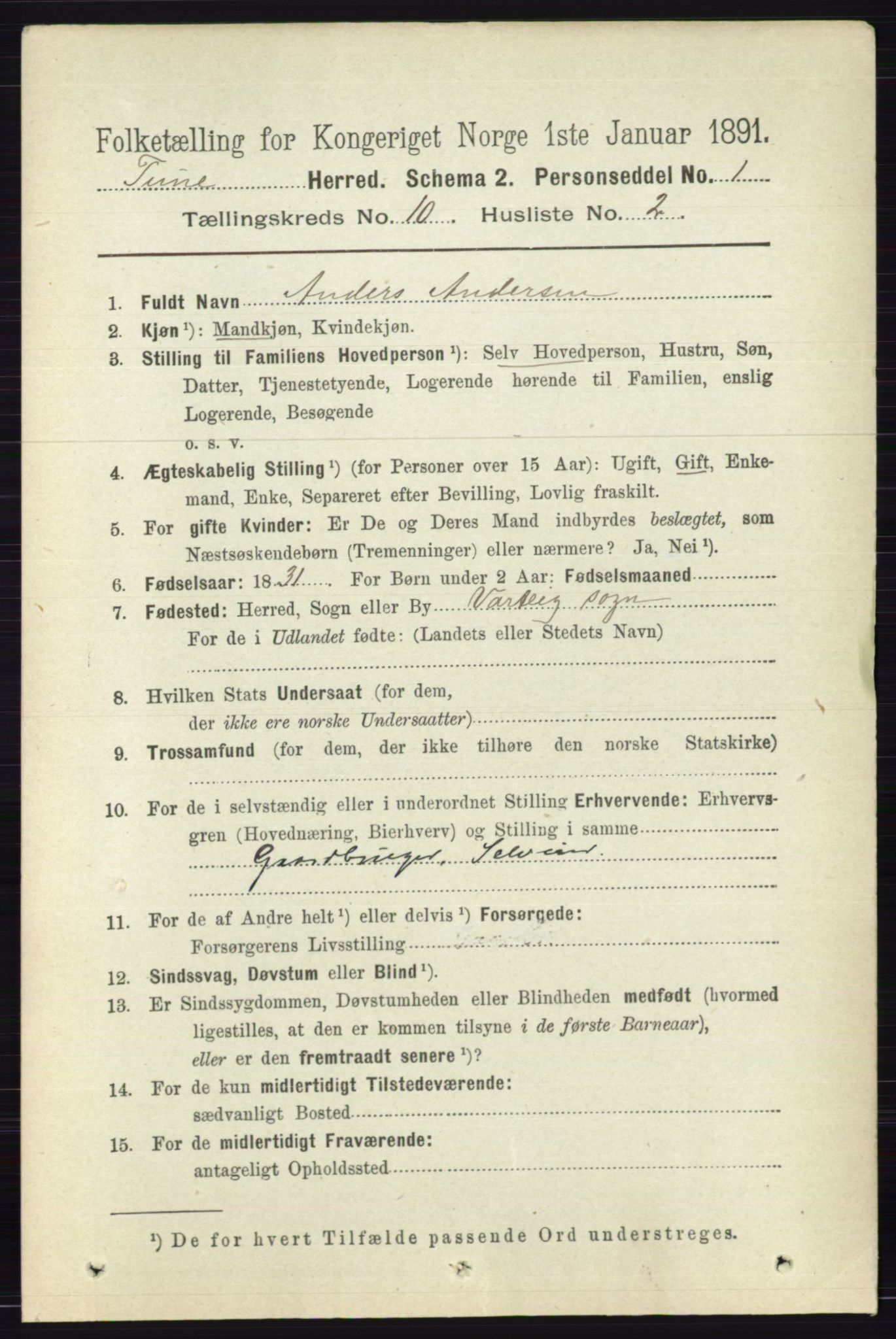 RA, 1891 census for 0130 Tune, 1891, p. 6564