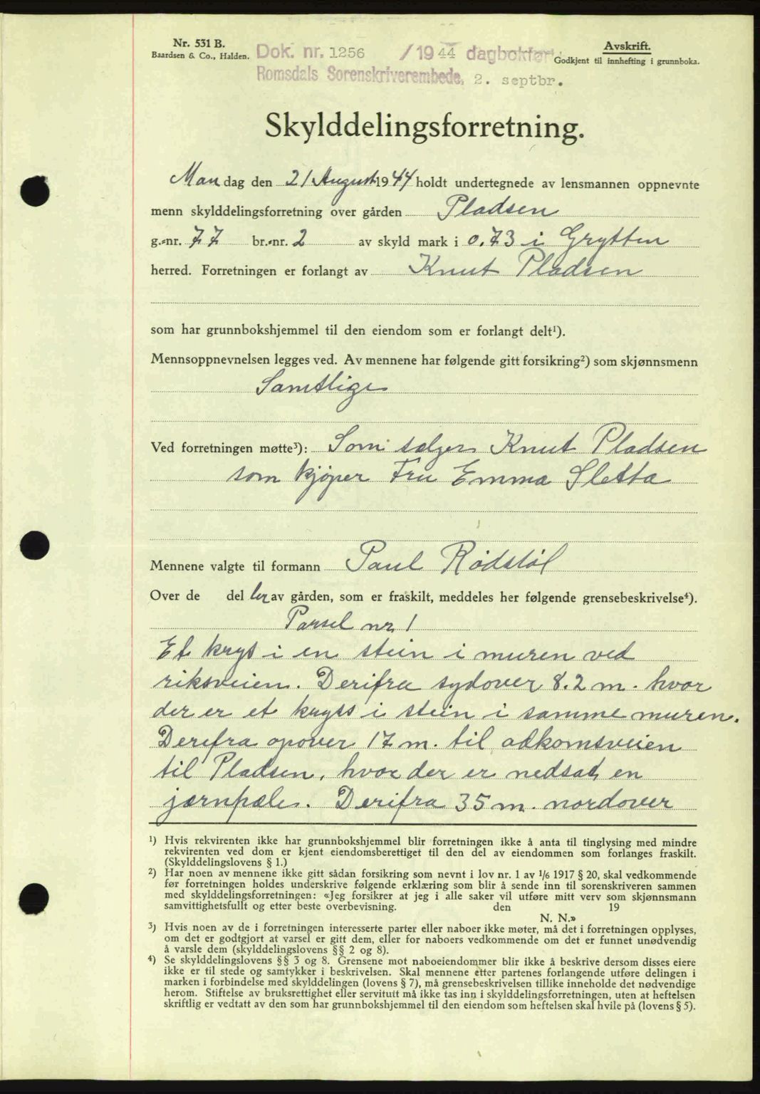 Romsdal sorenskriveri, SAT/A-4149/1/2/2C: Mortgage book no. A16, 1944-1944, Diary no: : 1256/1944