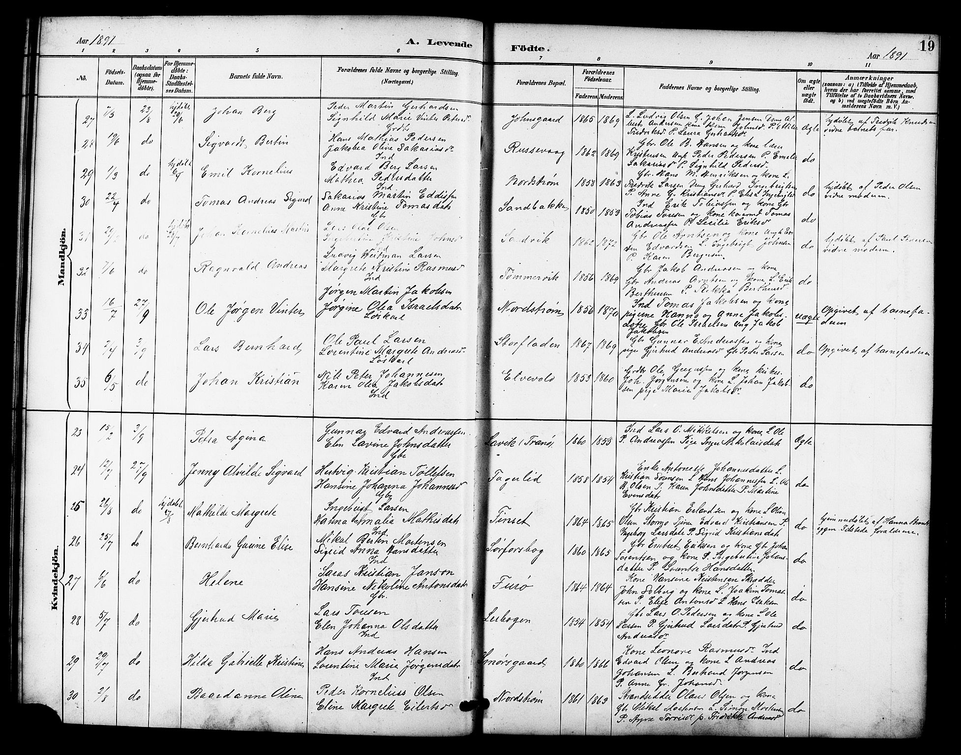 Tranøy sokneprestkontor, SATØ/S-1313/I/Ia/Iab/L0022klokker: Parish register (copy) no. 22, 1887-1912, p. 19