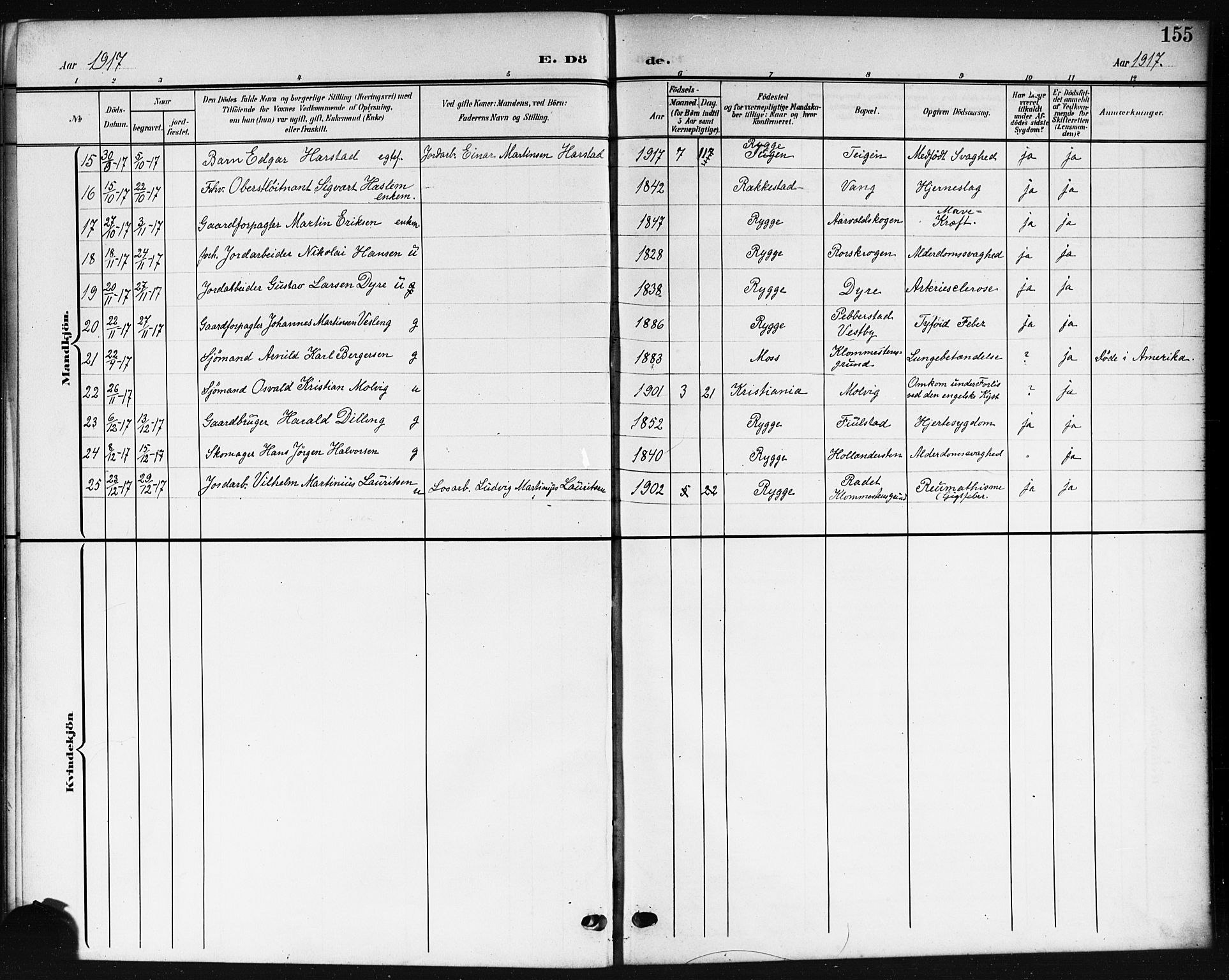 Rygge prestekontor Kirkebøker, SAO/A-10084b/G/Ga/L0003: Parish register (copy) no. 3, 1906-1921, p. 155