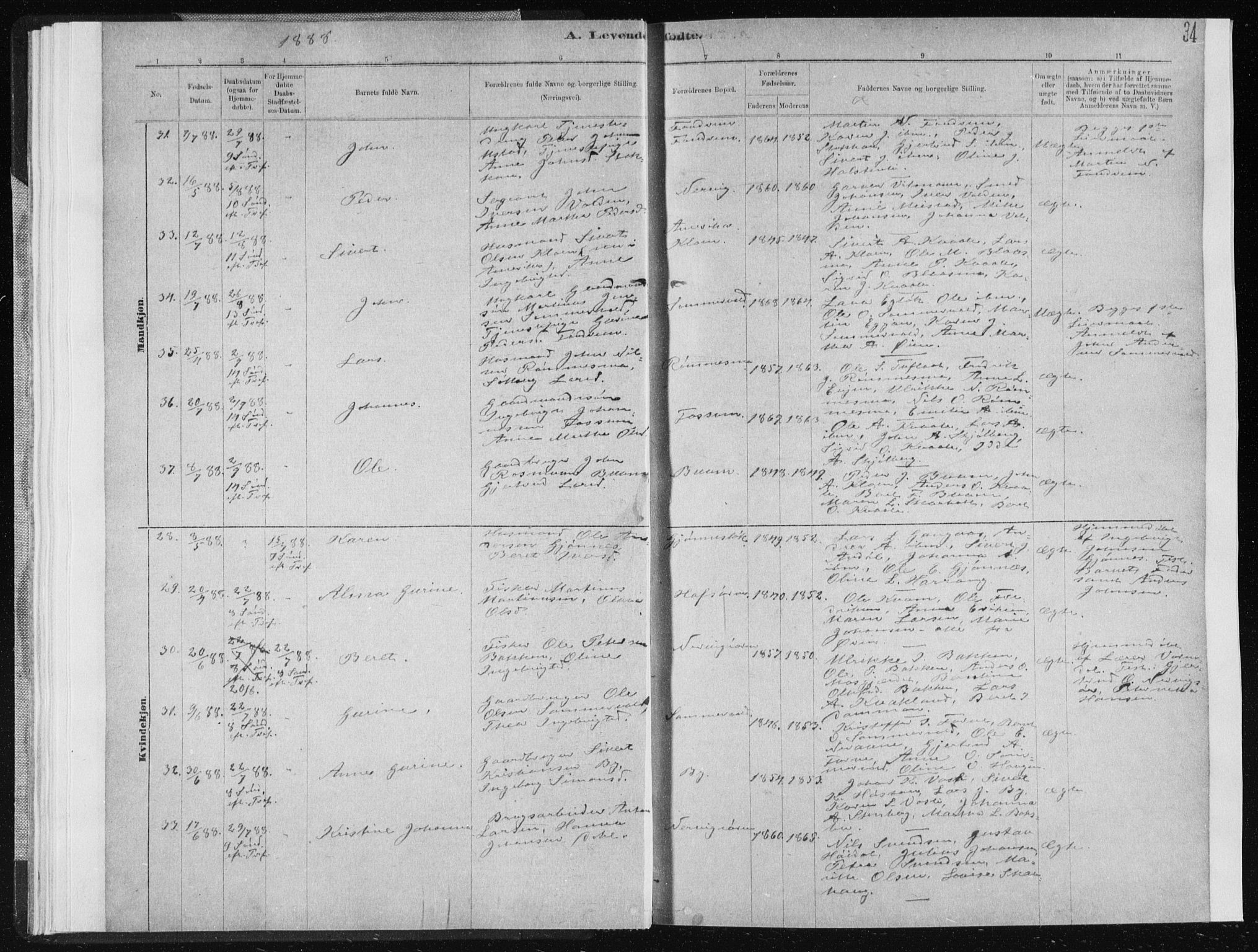 Ministerialprotokoller, klokkerbøker og fødselsregistre - Sør-Trøndelag, AV/SAT-A-1456/668/L0818: Parish register (copy) no. 668C07, 1885-1898, p. 34