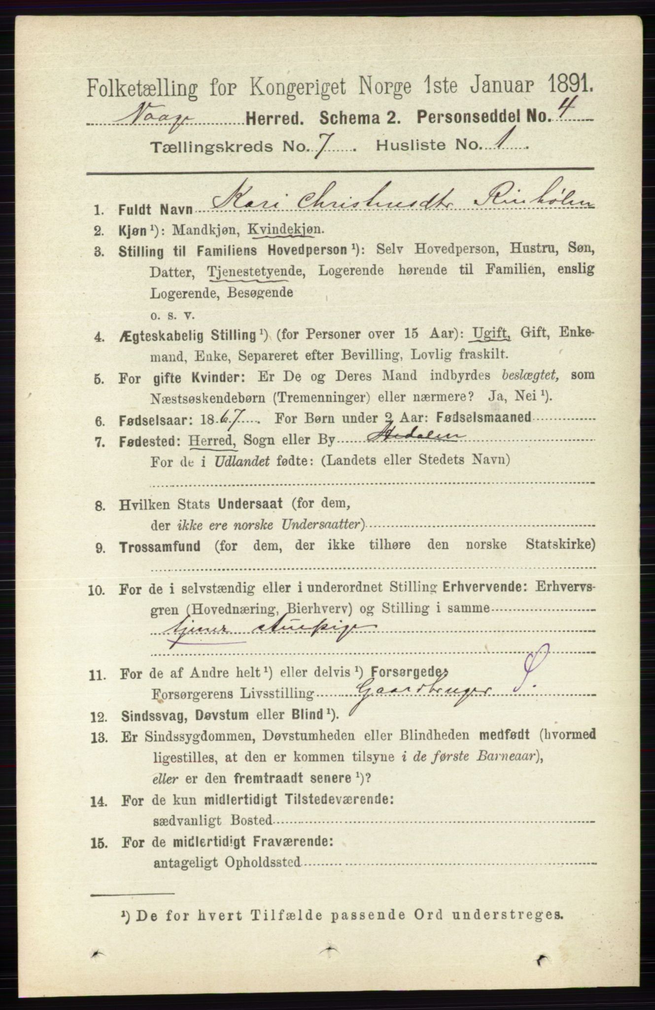 RA, 1891 census for 0515 Vågå, 1891, p. 4329