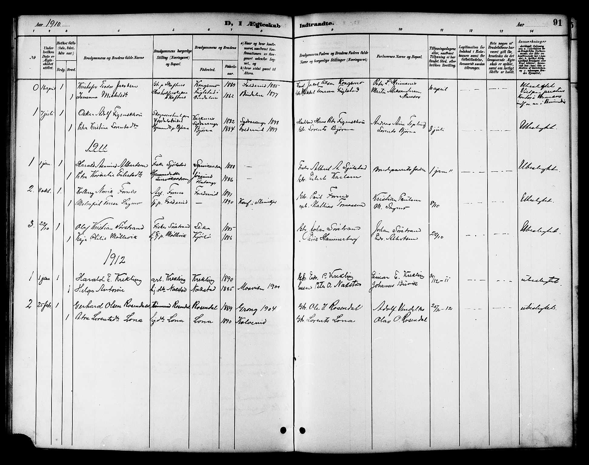 Ministerialprotokoller, klokkerbøker og fødselsregistre - Nord-Trøndelag, SAT/A-1458/783/L0662: Parish register (copy) no. 783C02, 1894-1919, p. 91
