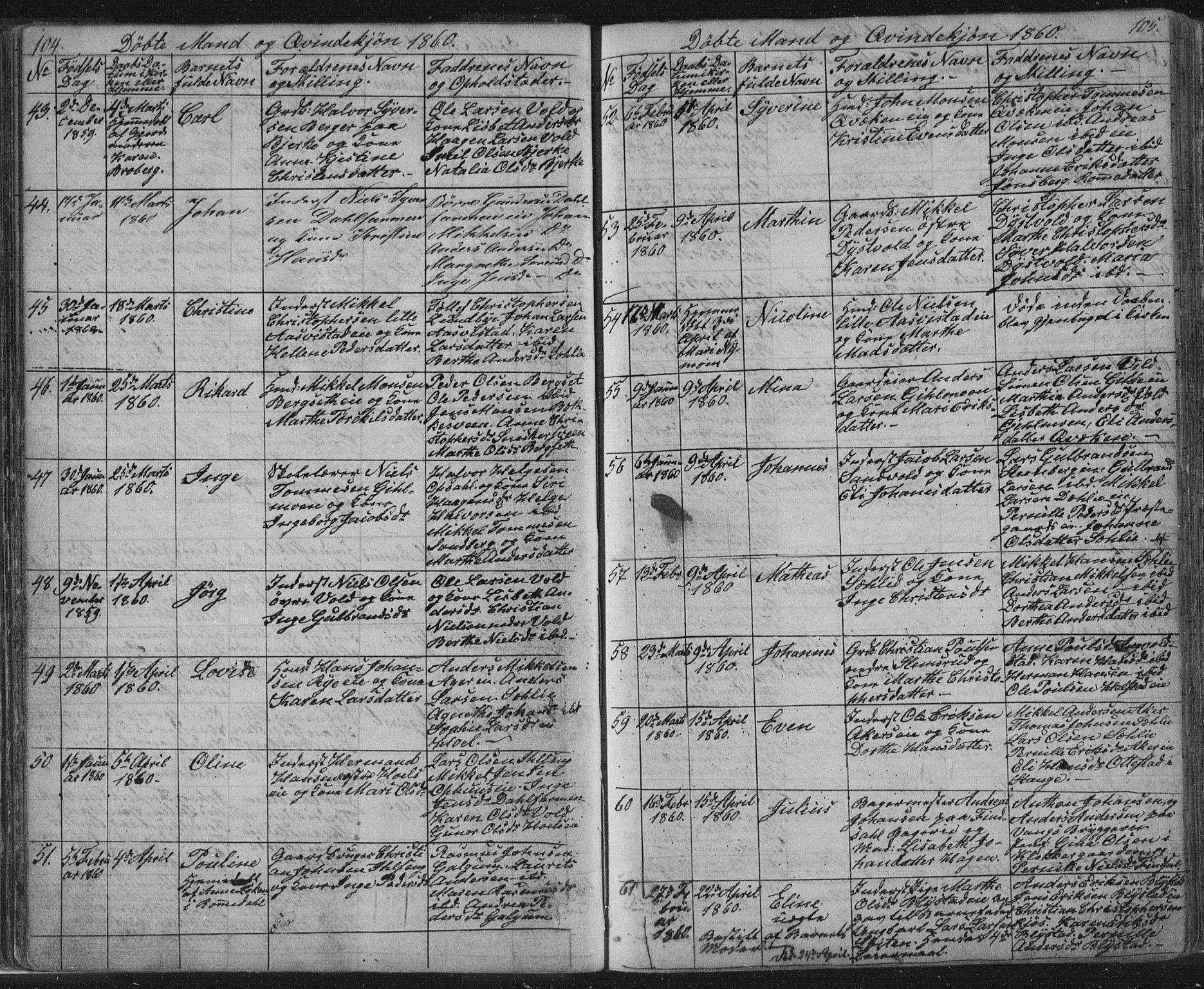 Vang prestekontor, Hedmark, AV/SAH-PREST-008/H/Ha/Hab/L0010A: Parish register (copy) no. 10a, 1854-1896, p. 104-105