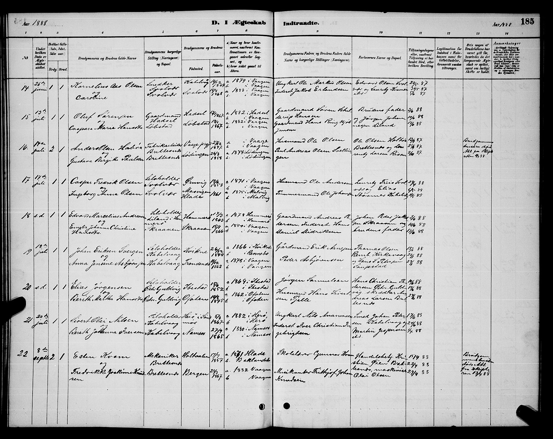 Ministerialprotokoller, klokkerbøker og fødselsregistre - Nordland, AV/SAT-A-1459/874/L1076: Parish register (copy) no. 874C05, 1884-1890, p. 185