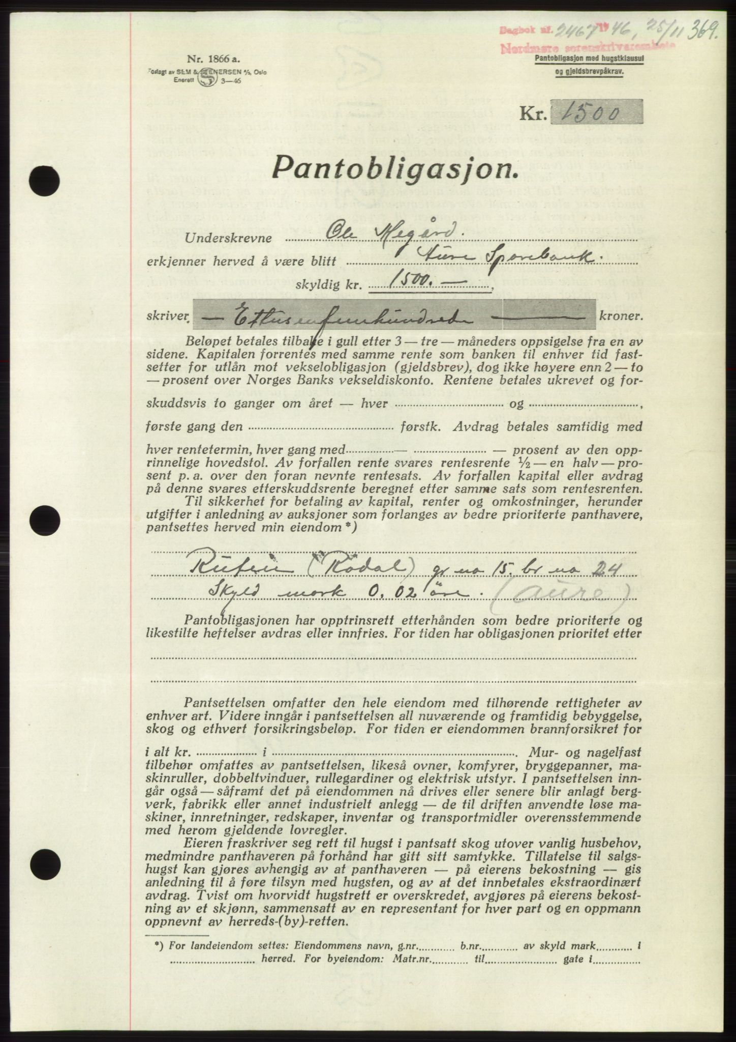 Nordmøre sorenskriveri, AV/SAT-A-4132/1/2/2Ca: Mortgage book no. B95, 1946-1947, Diary no: : 2467/1946